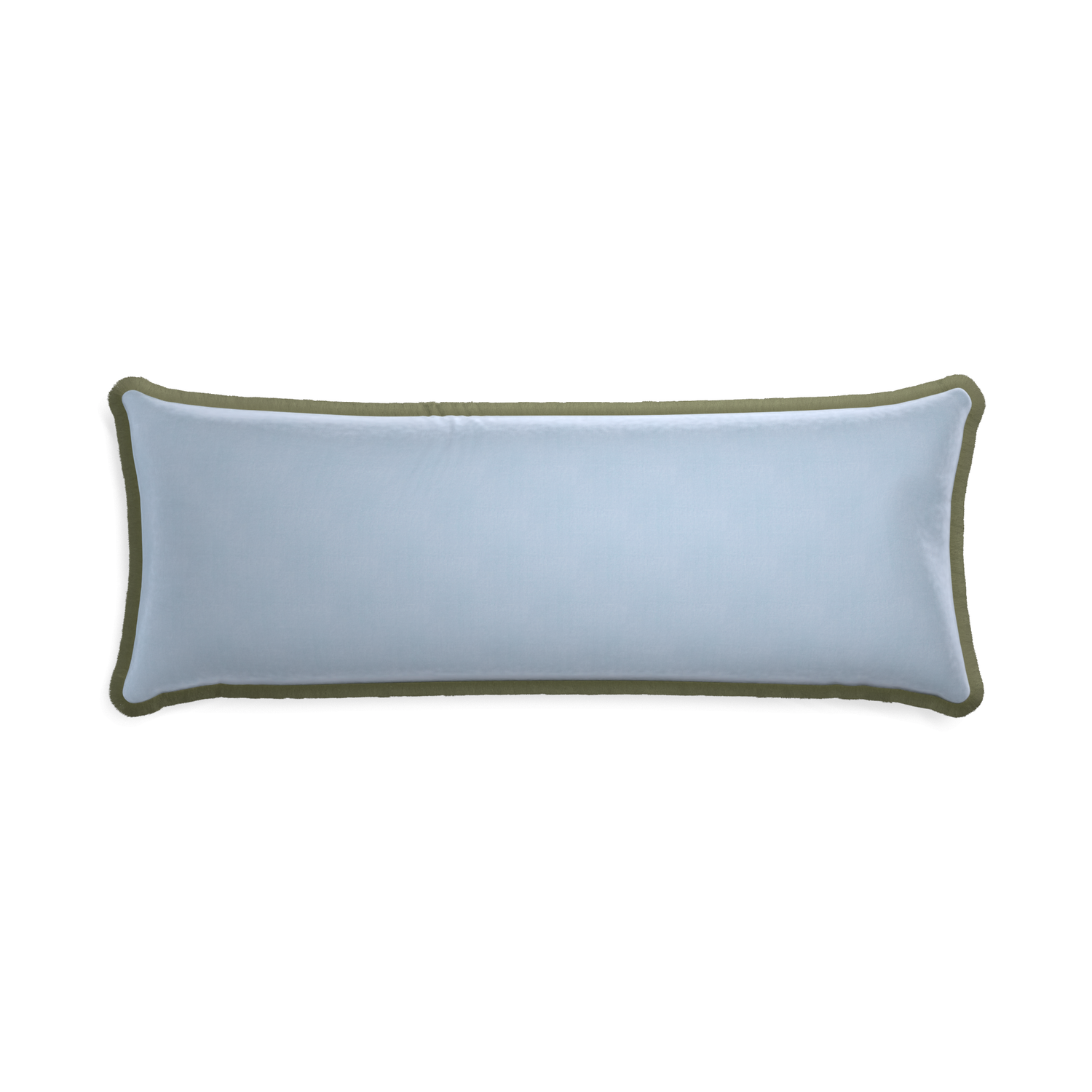Xl-lumbar sky velvet custom pillow with sage fringe on white background