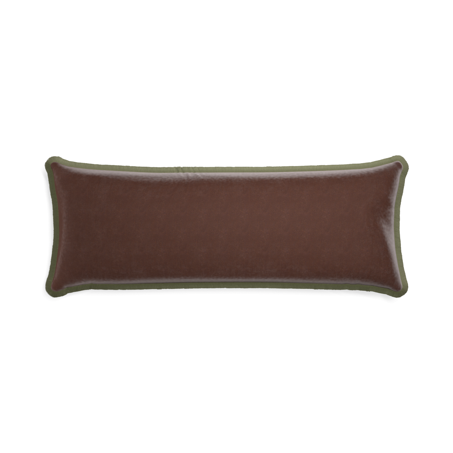 rectangle brown velvet pillow with sage green fringe