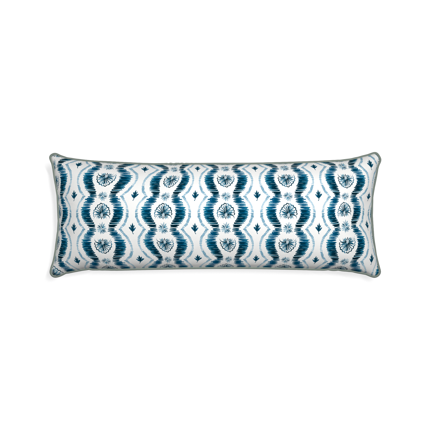 Xl-lumbar alice custom blue ikatpillow with sage piping on white background