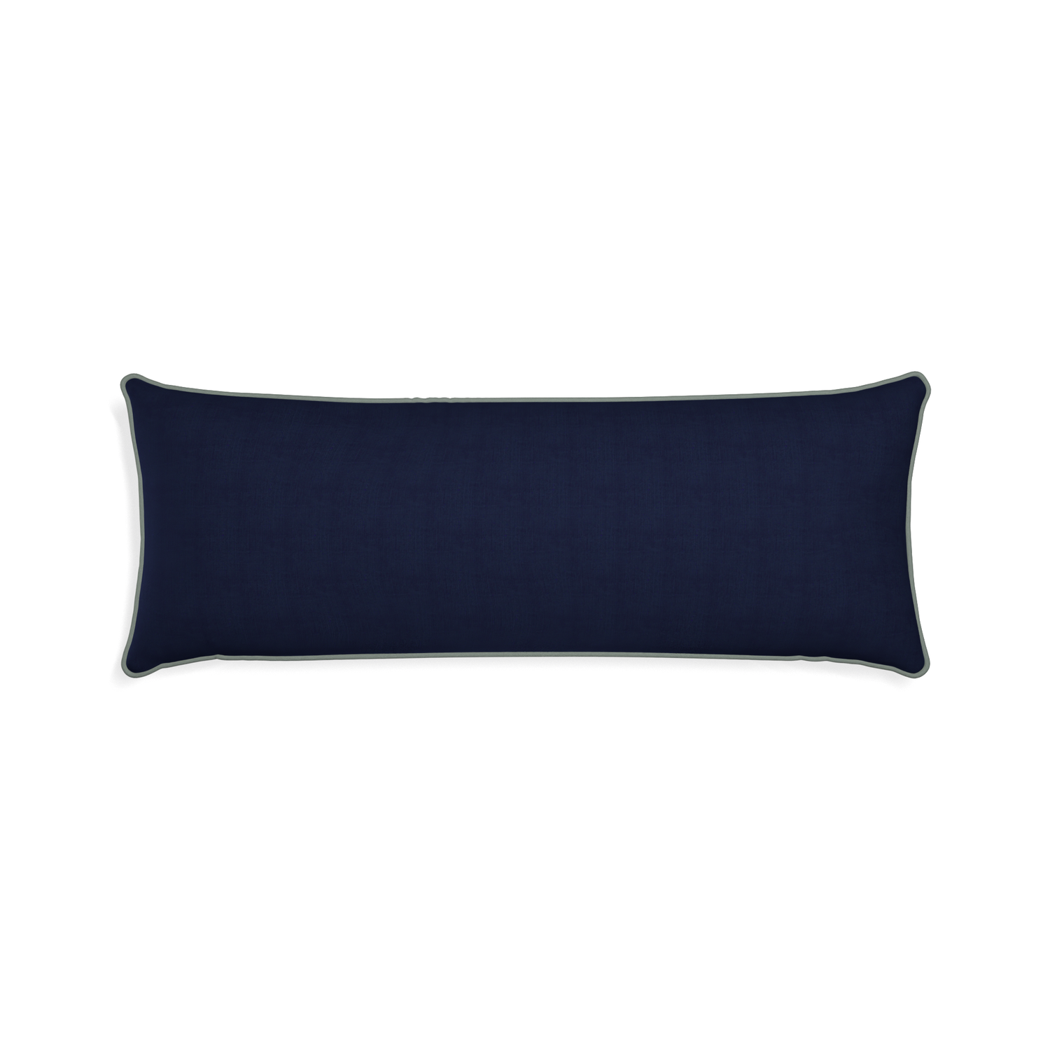 Xl-lumbar midnight custom navy bluepillow with sage piping on white background