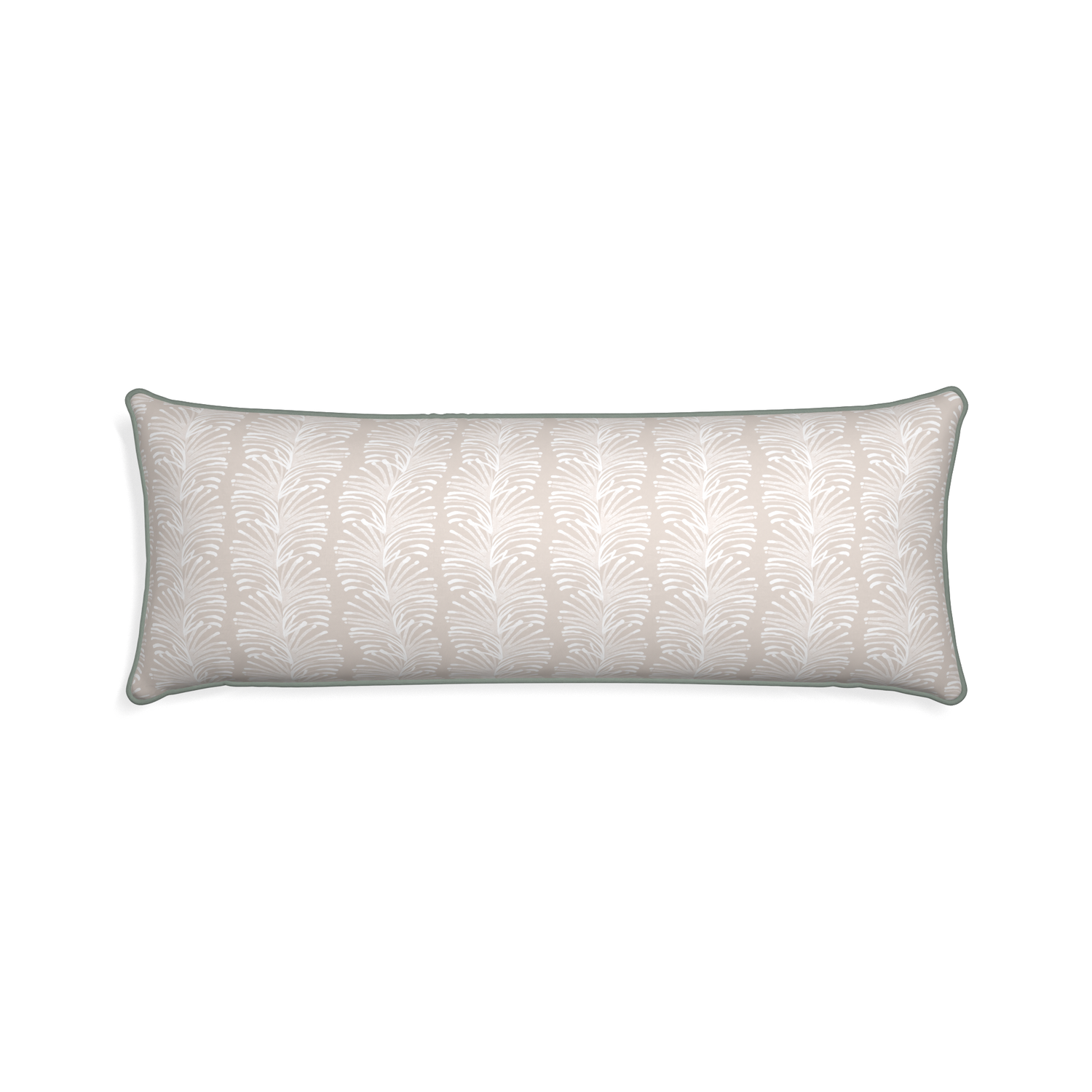 Xl-lumbar emma sand custom sand colored botanical stripepillow with sage piping on white background