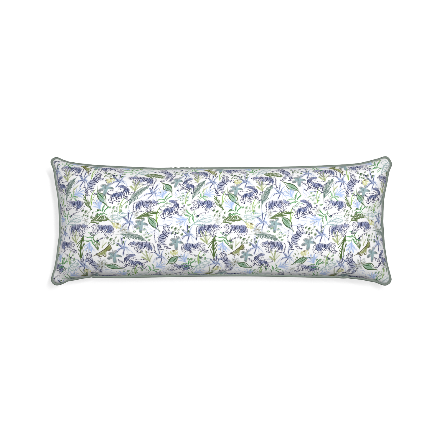 Xl-lumbar frida green custom green tigerpillow with sage piping on white background