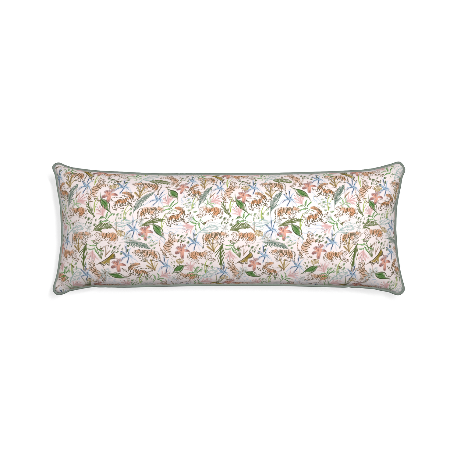Xl-lumbar frida pink custom pink chinoiserie tigerpillow with sage piping on white background