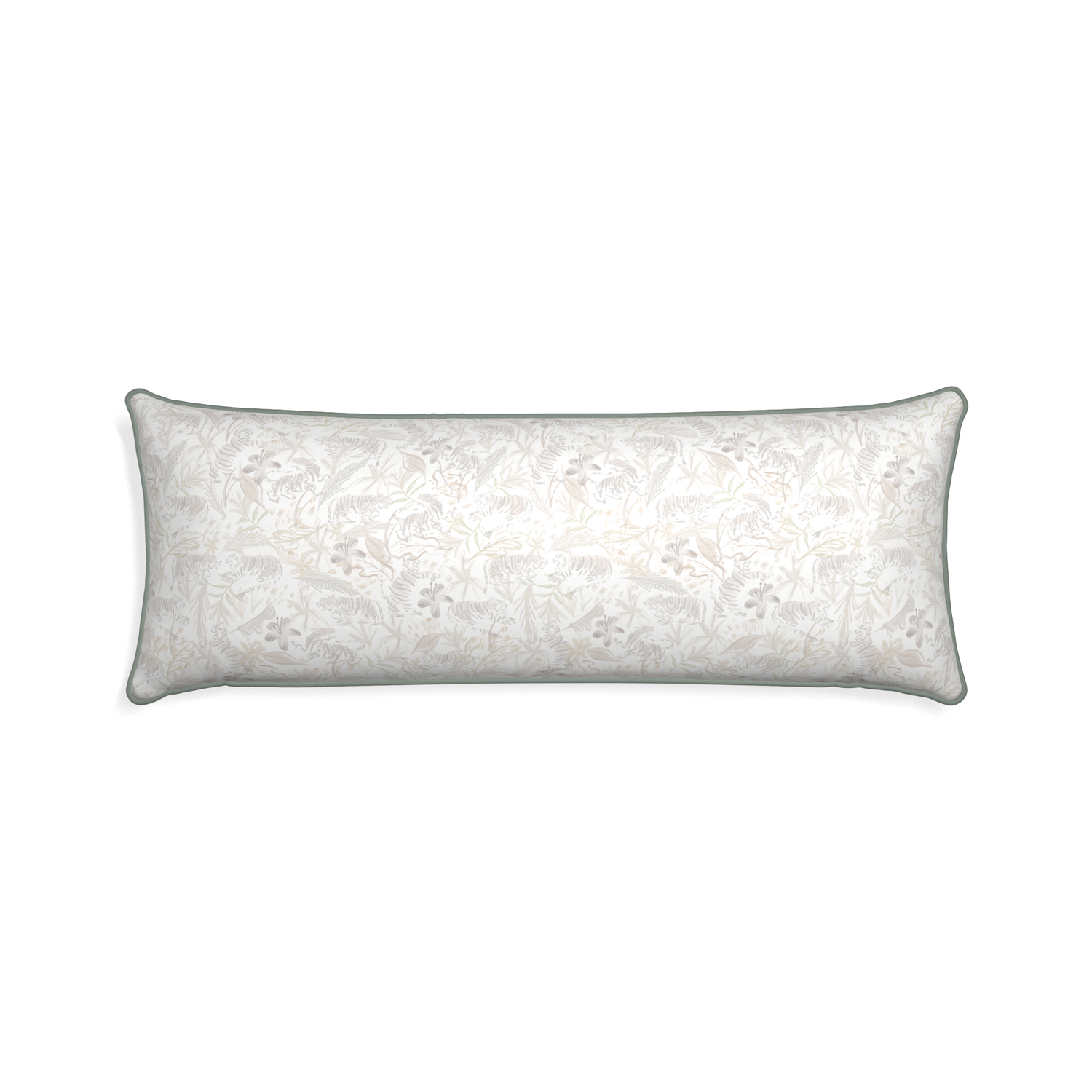 Xl-lumbar frida sand custom beige chinoiserie tigerpillow with sage piping on white background