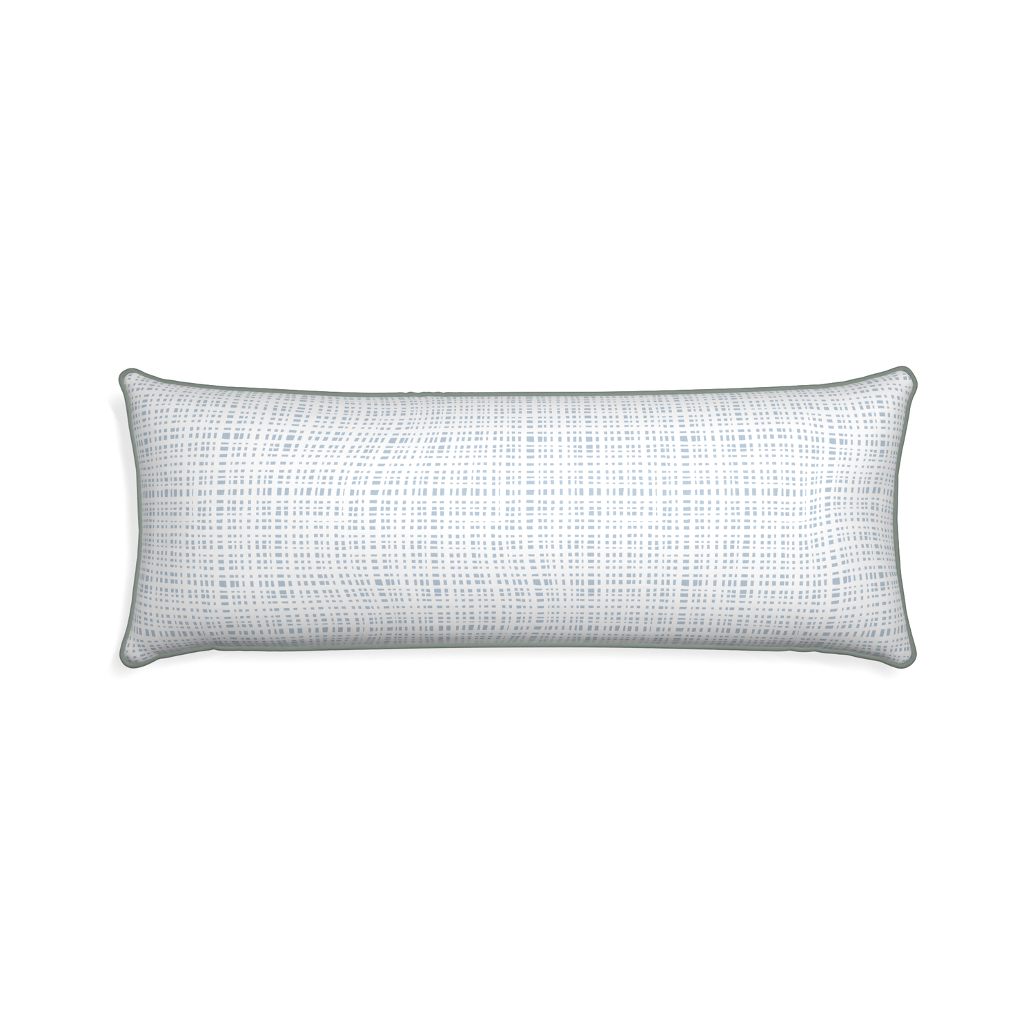 Xl-lumbar ginger custom plaid sky bluepillow with sage piping on white background