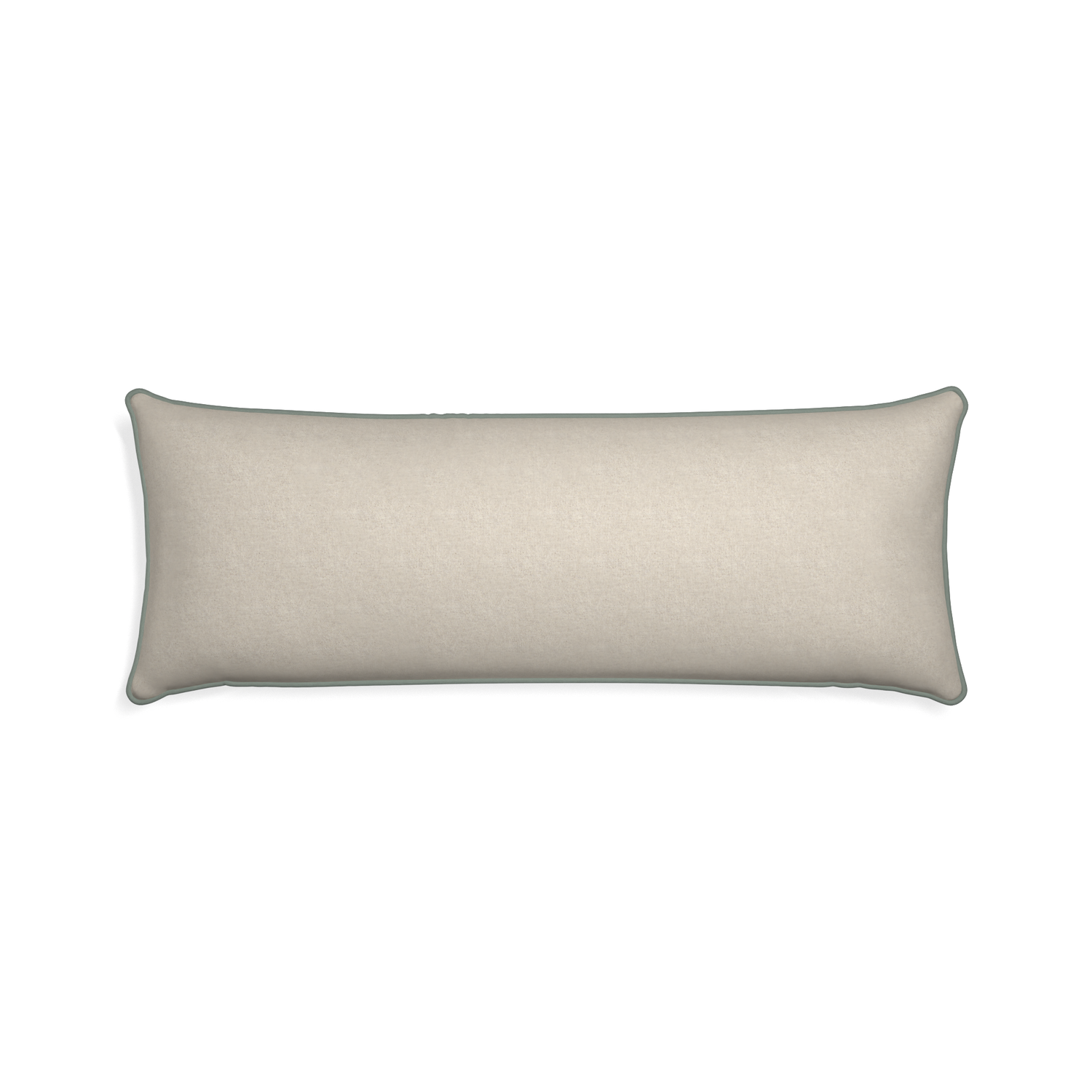 Xl-lumbar oat custom light brownpillow with sage piping on white background