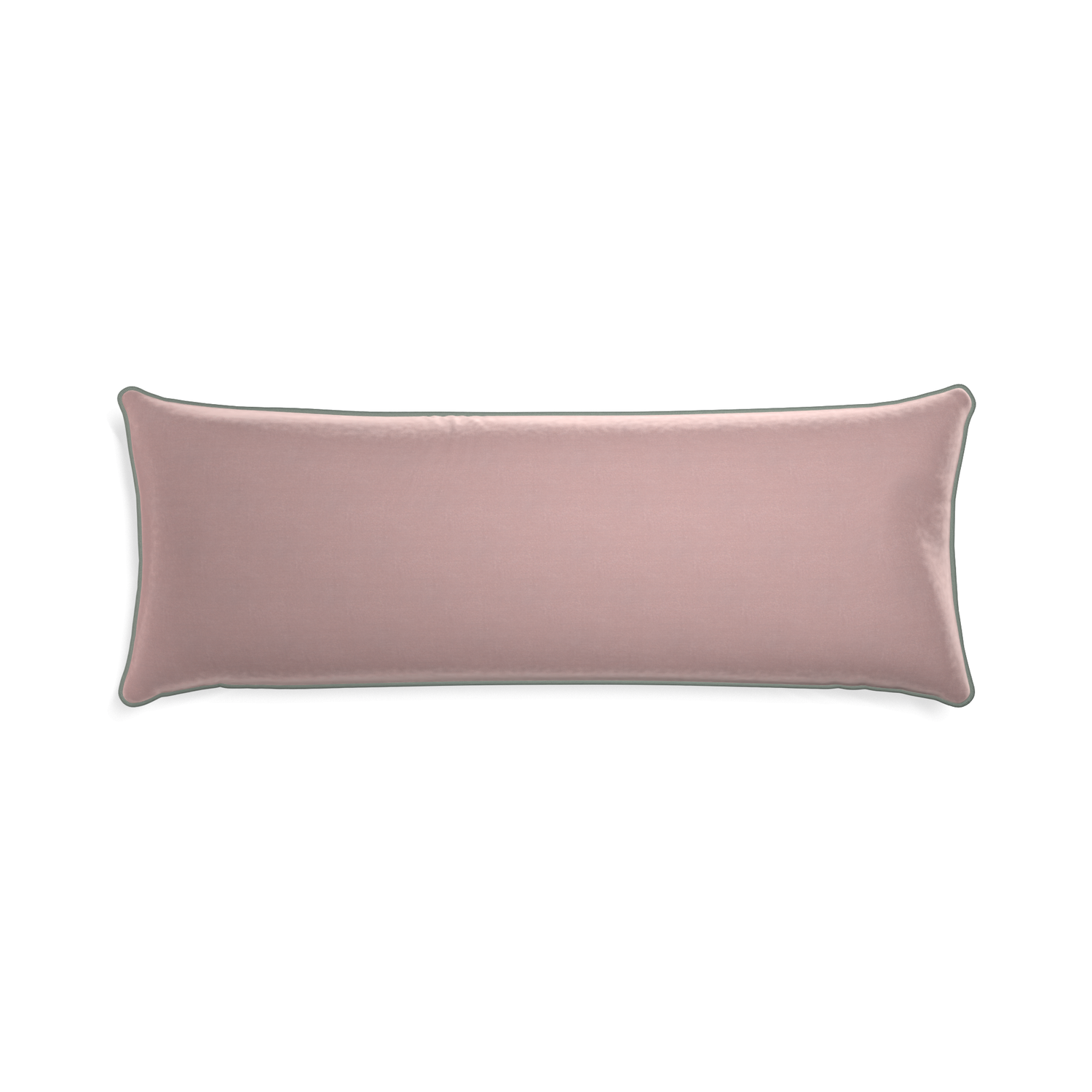 Xl-lumbar mauve velvet custom mauvepillow with sage piping on white background
