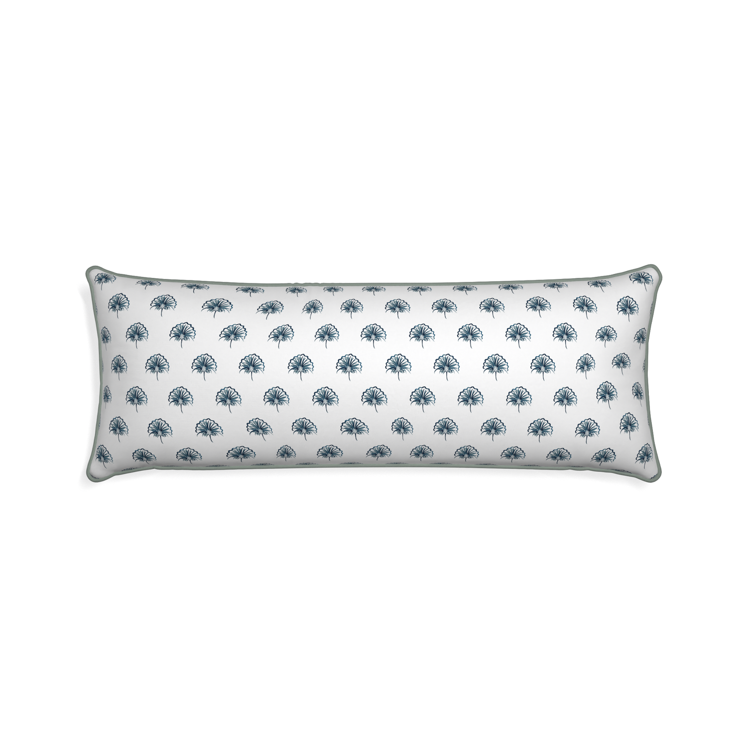 Xl-lumbar penelope midnight custom floral navypillow with sage piping on white background