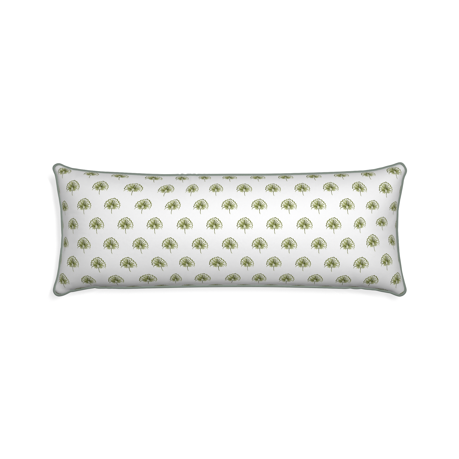 Xl-lumbar penelope moss custom green floralpillow with sage piping on white background