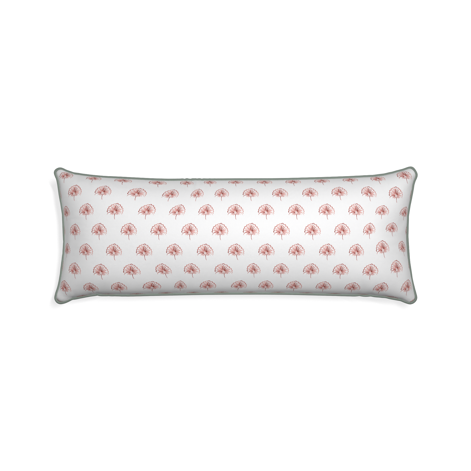 Xl-lumbar penelope rose custom floral pinkpillow with sage piping on white background