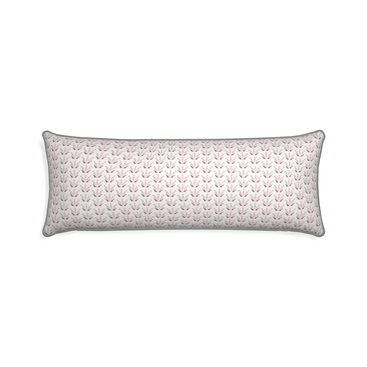 Xl-lumbar serena pink custom pink & burgundy drop repeat floralpillow with sage piping on white background