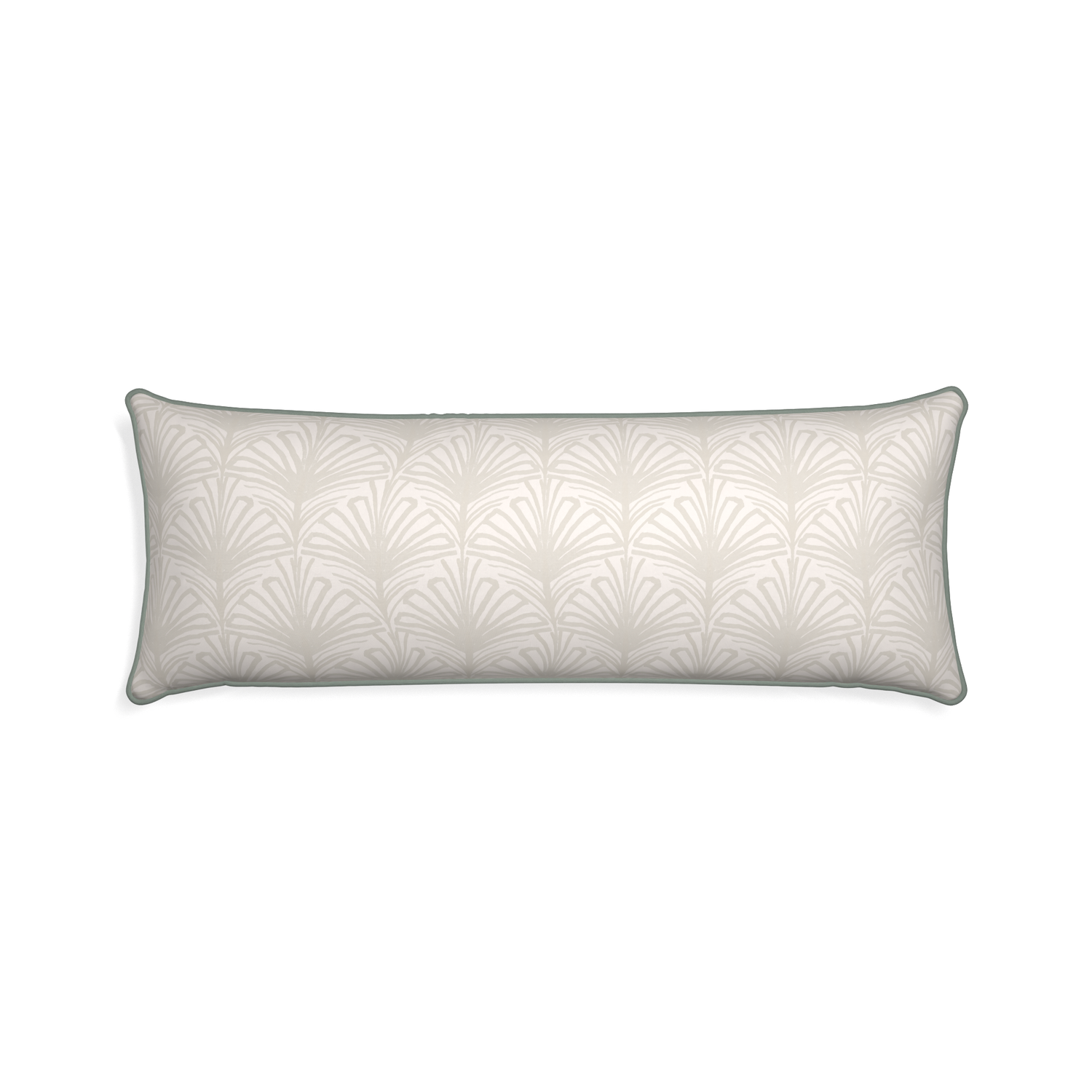 Xl-lumbar suzy sand custom beige palmpillow with sage piping on white background