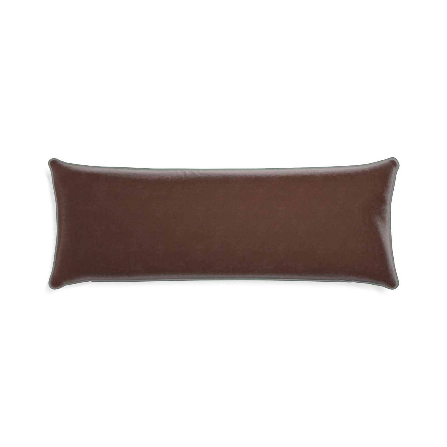 Xl-lumbar walnut velvet custom brownpillow with sage piping on white background