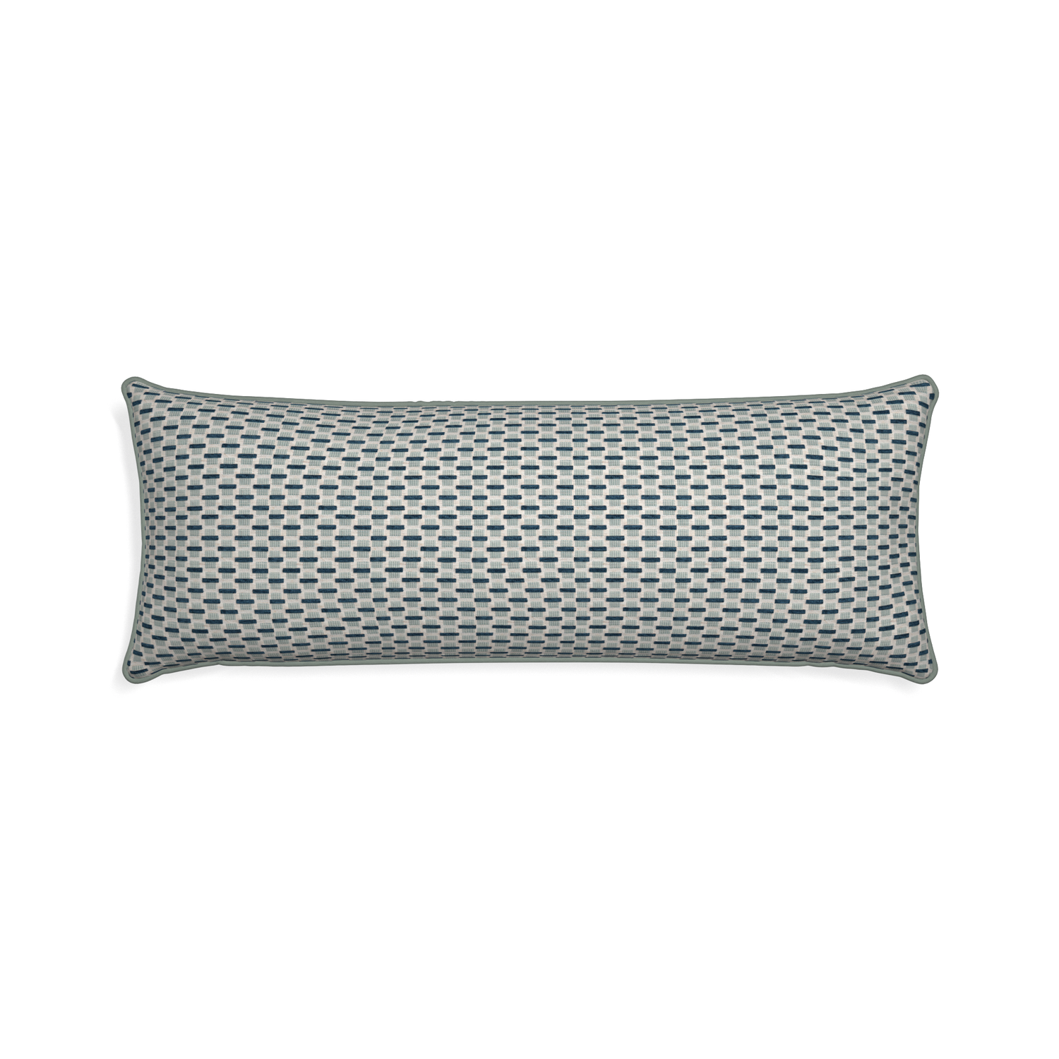 Xl-lumbar willow amalfi custom blue geometric chenillepillow with sage piping on white background
