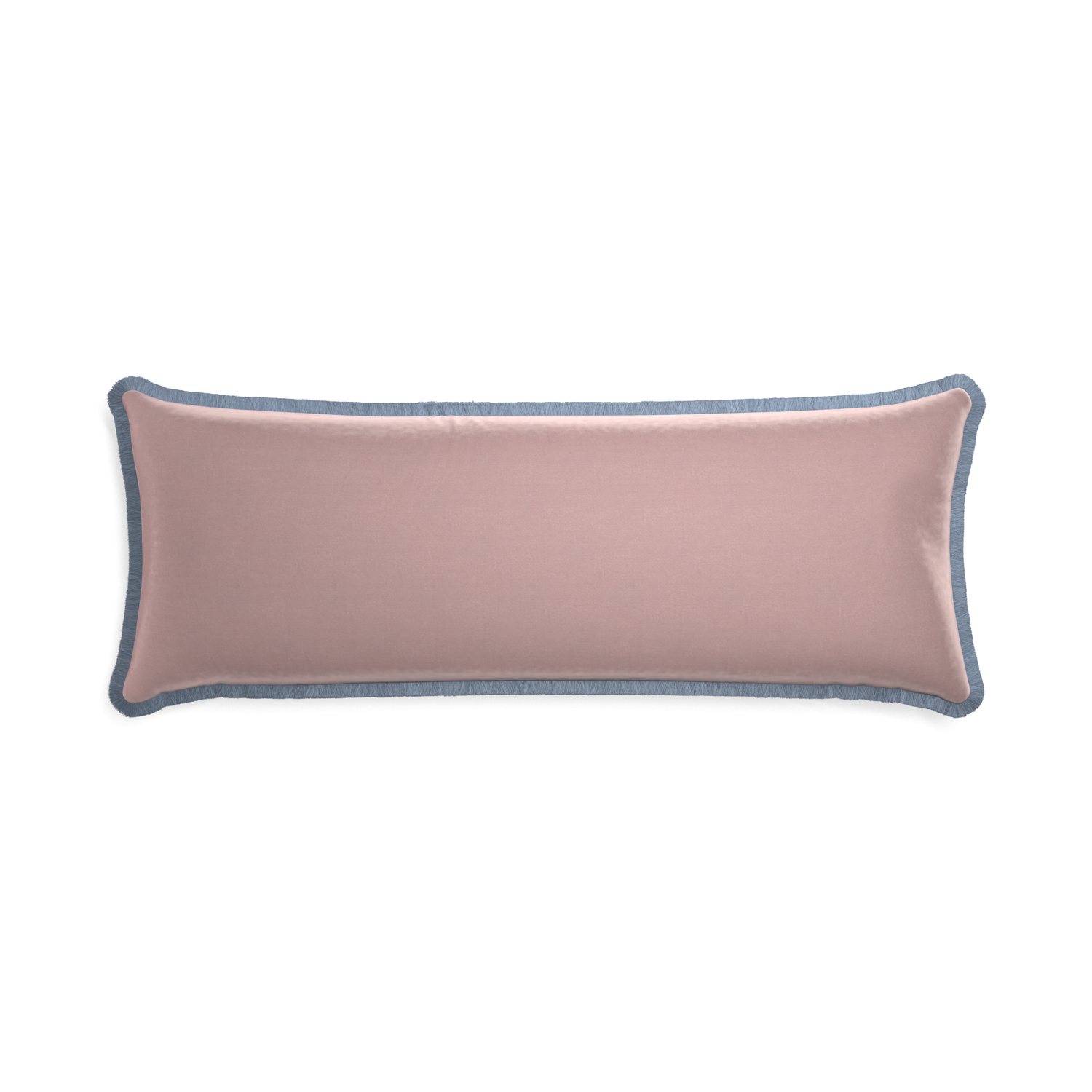 Xl-lumbar mauve velvet custom pillow with sky fringe on white background