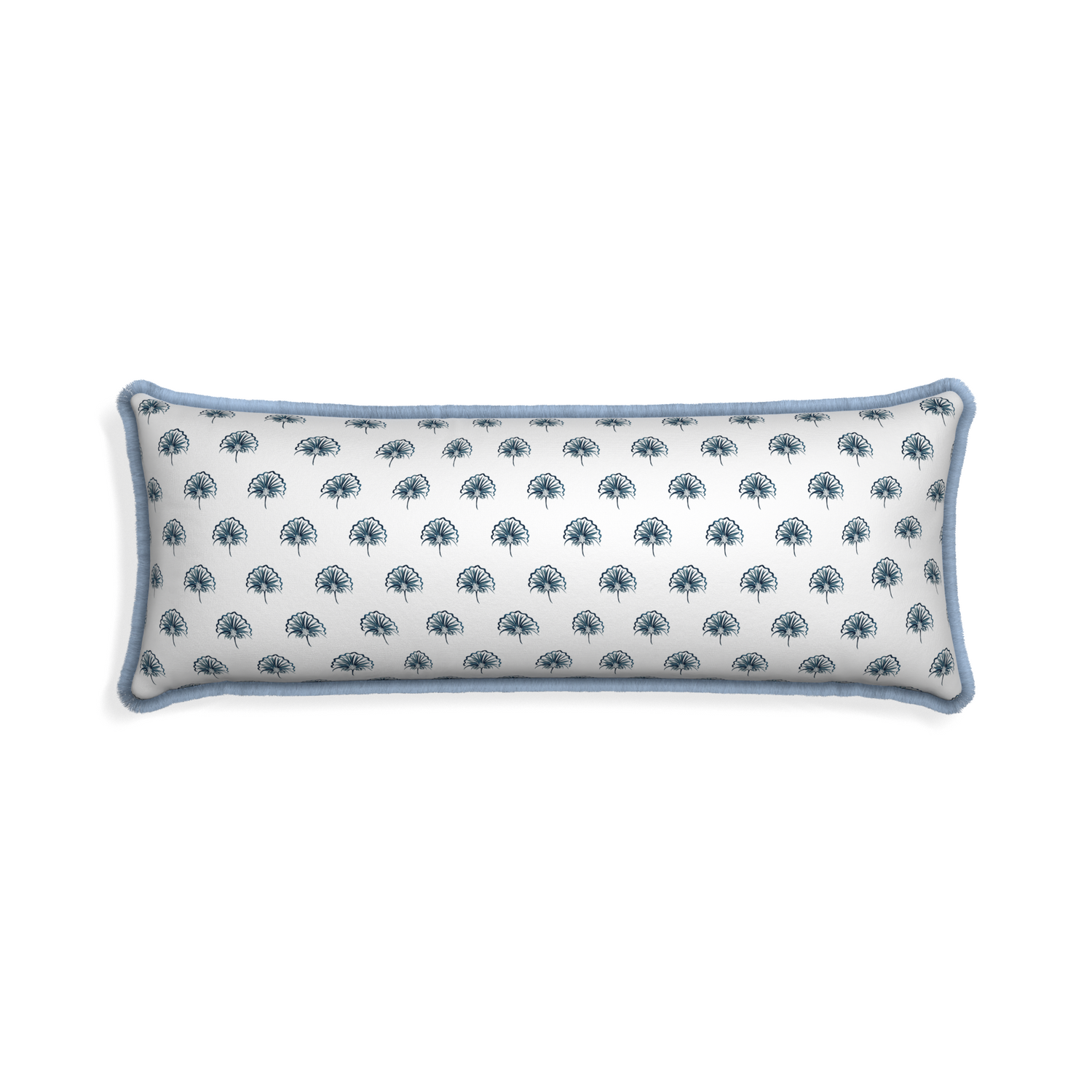 Xl-lumbar penelope midnight custom floral navypillow with sky fringe on white background