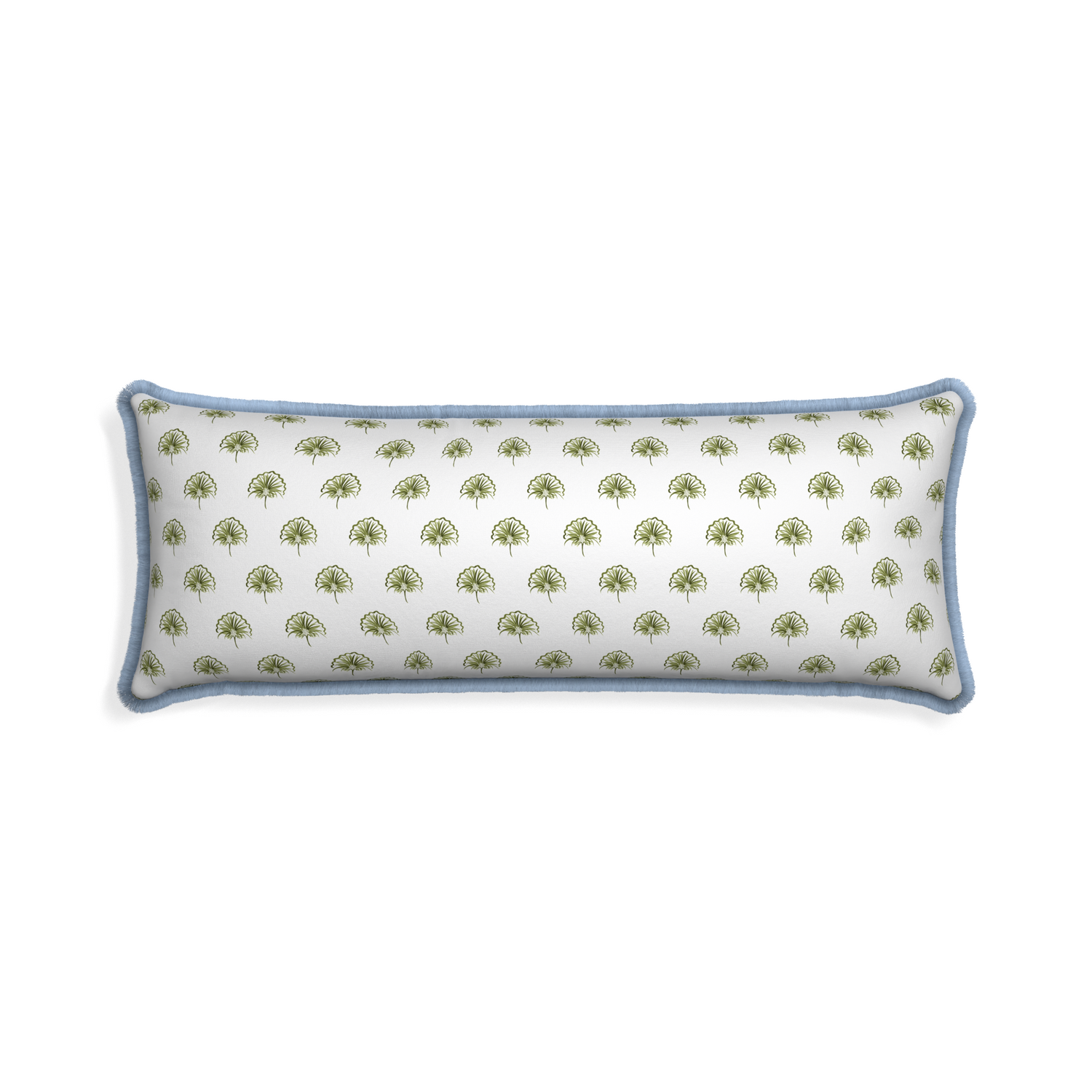 Xl-lumbar penelope moss custom pillow with sky fringe on white background