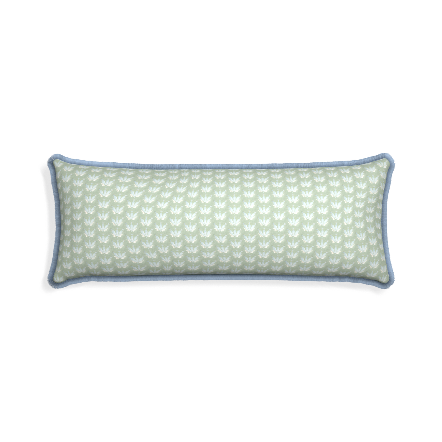 Xl-lumbar serena sea salt custom blue & green floral drop repeatpillow with sky fringe on white background