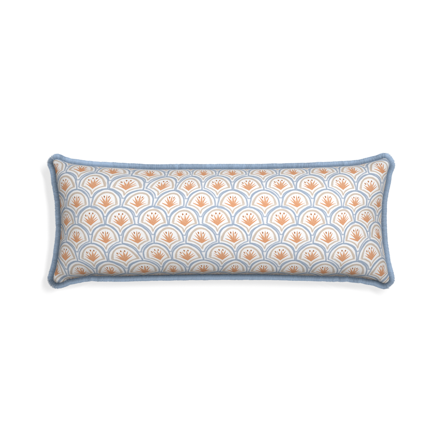 Xl-lumbar thatcher apricot custom pillow with sky fringe on white background