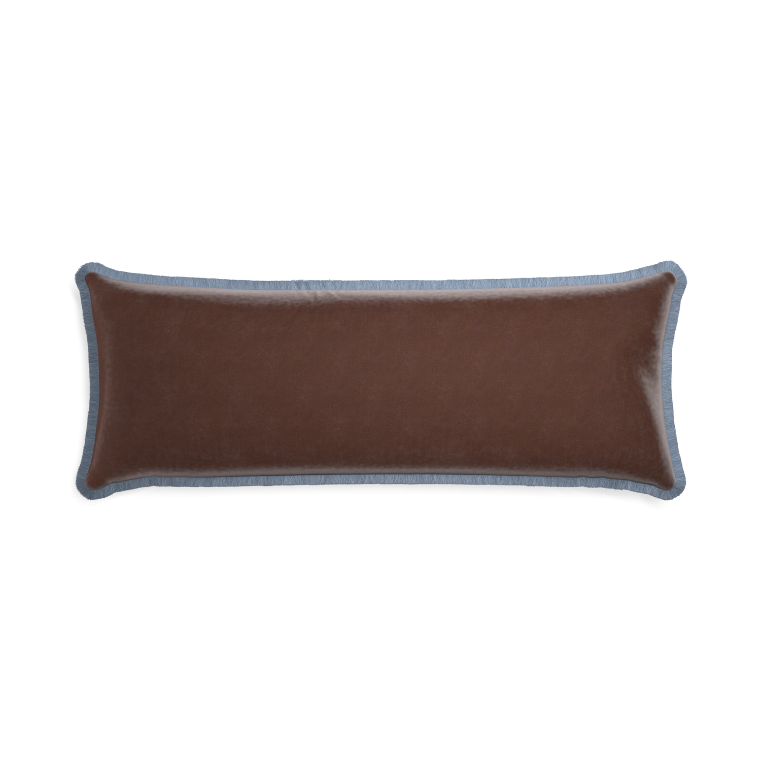 Xl-lumbar walnut velvet custom pillow with sky fringe on white background