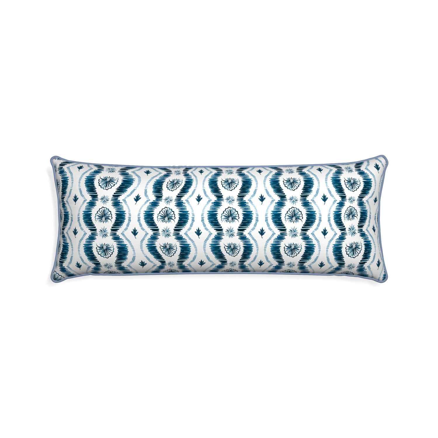 Xl-lumbar alice custom blue ikatpillow with sky piping on white background