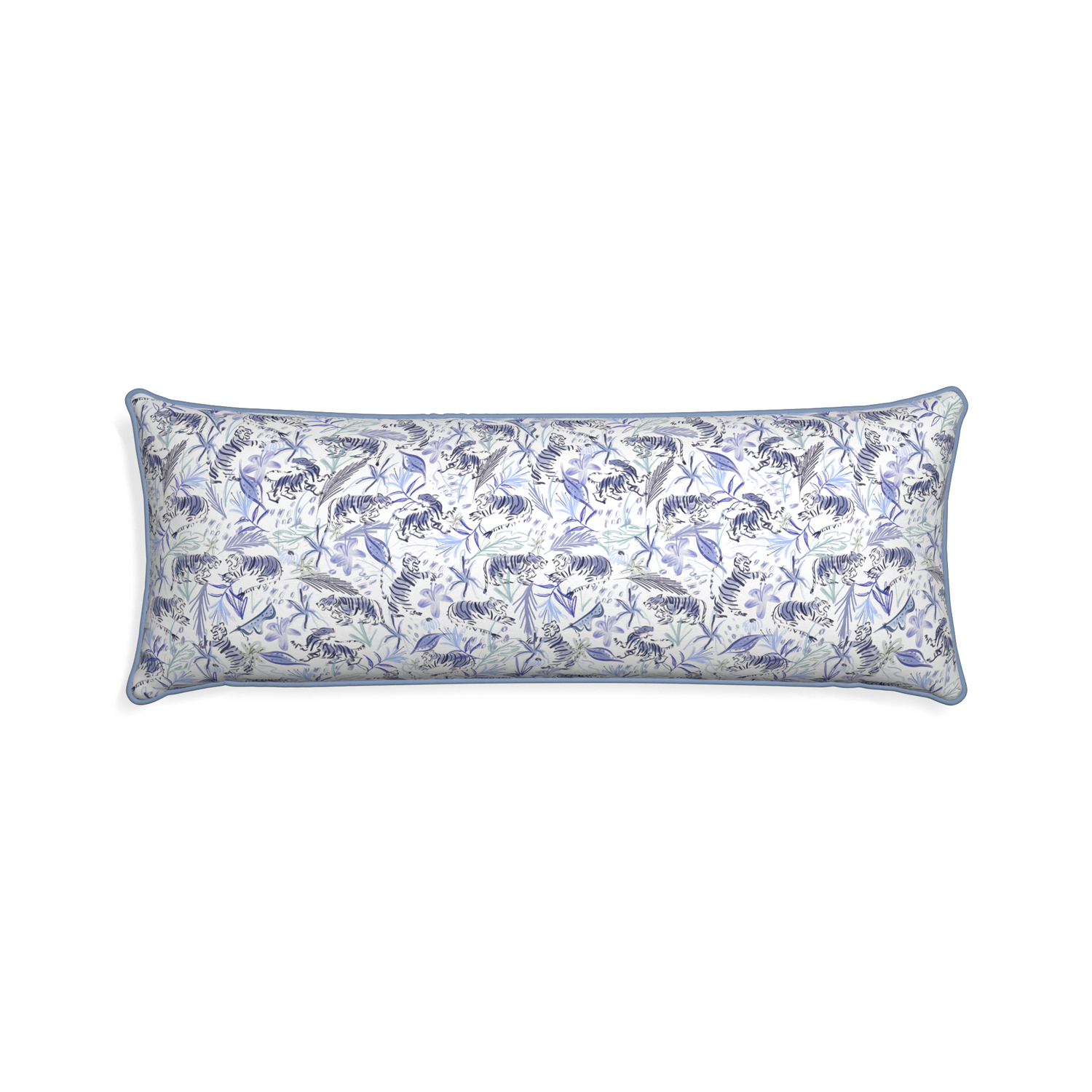 Xl-lumbar frida blue custom blue with intricate tiger designpillow with sky piping on white background