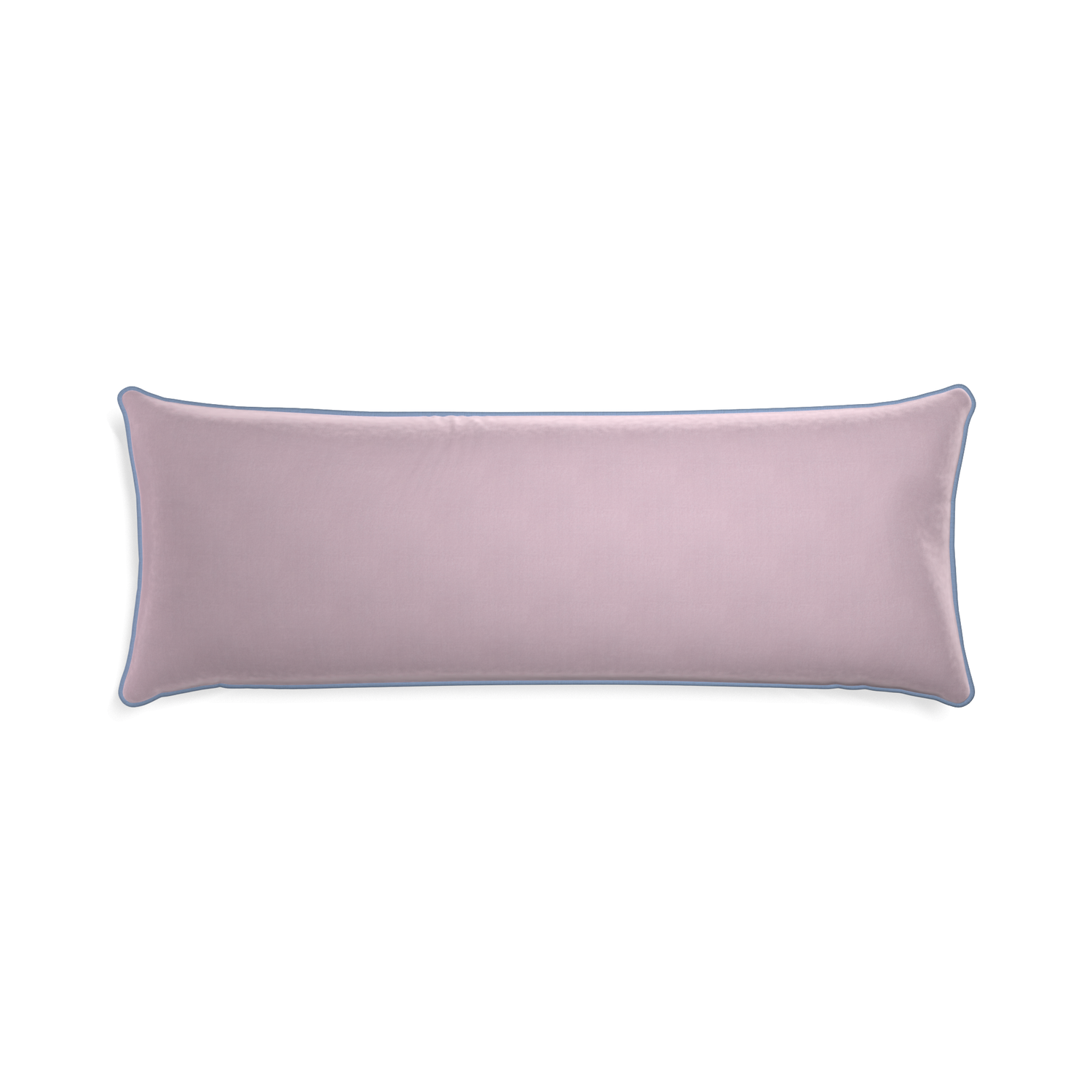 Xl-lumbar lilac velvet custom pillow with sky piping on white background
