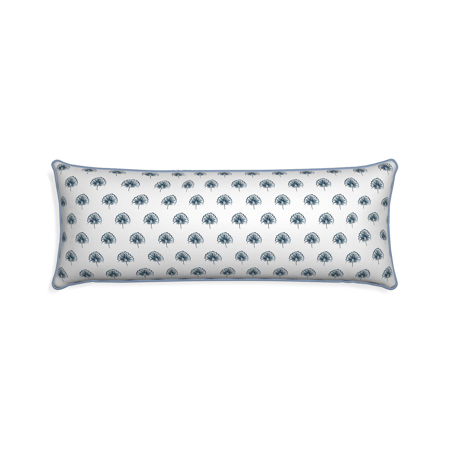 Xl-lumbar penelope midnight custom pillow with sky piping on white background