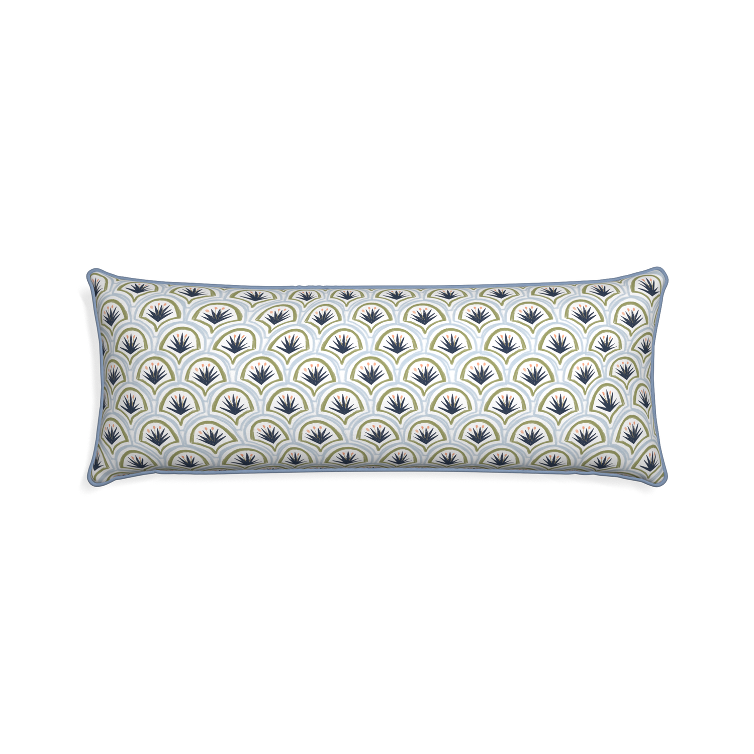 Xl-lumbar thatcher midnight custom art deco palm patternpillow with sky piping on white background