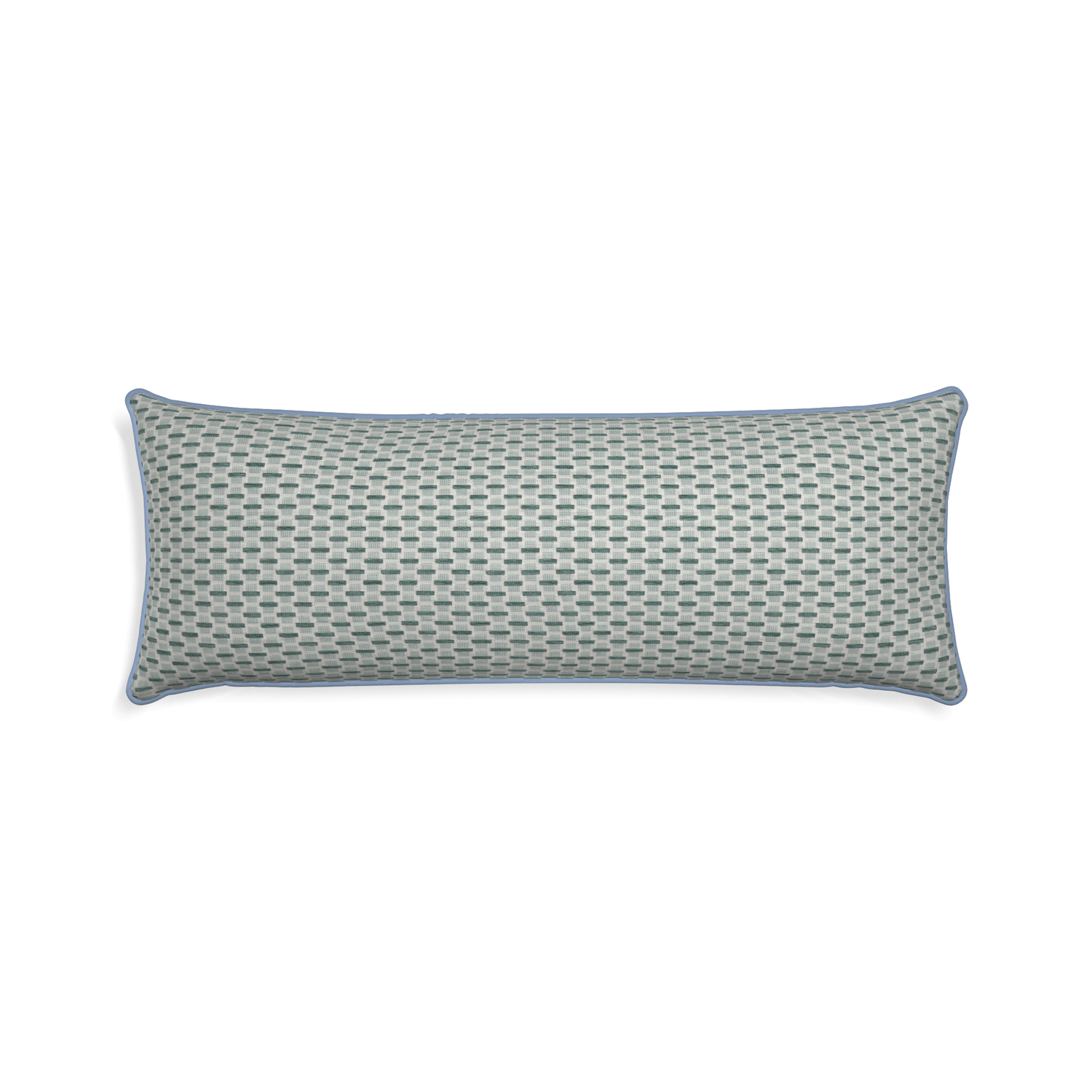 Xl-lumbar willow mint custom green geometric chenillepillow with sky piping on white background