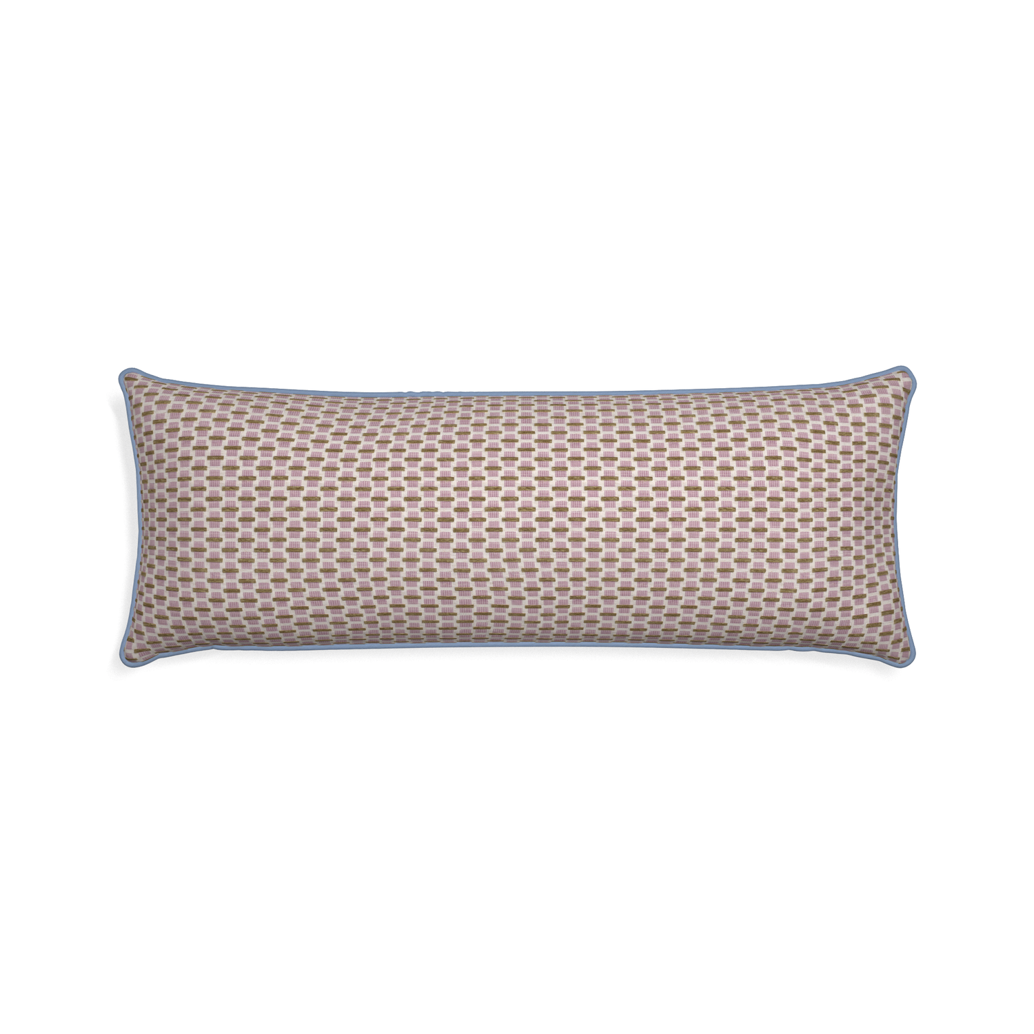 Xl-lumbar willow orchid custom pink geometric chenillepillow with sky piping on white background