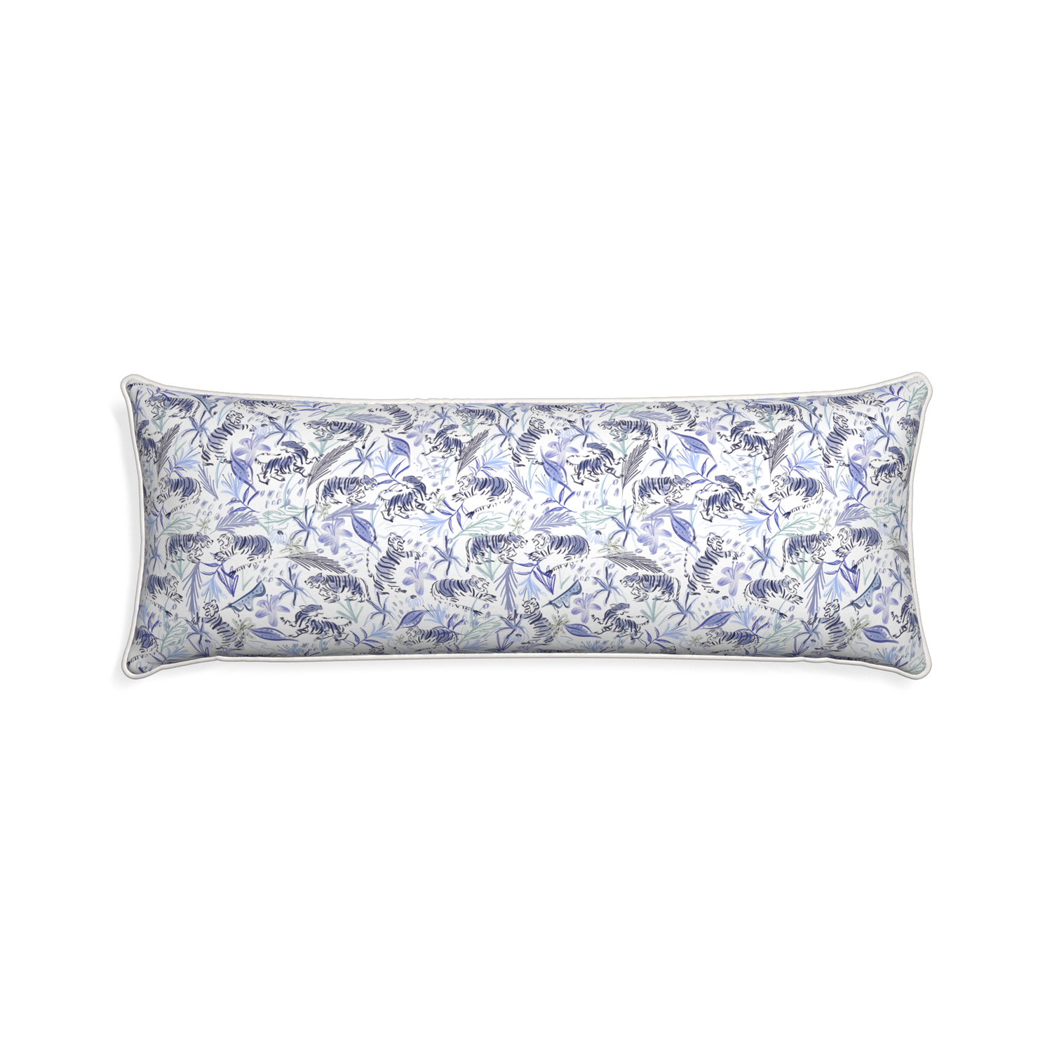 Xl-lumbar frida blue custom blue with intricate tiger designpillow with snow piping on white background