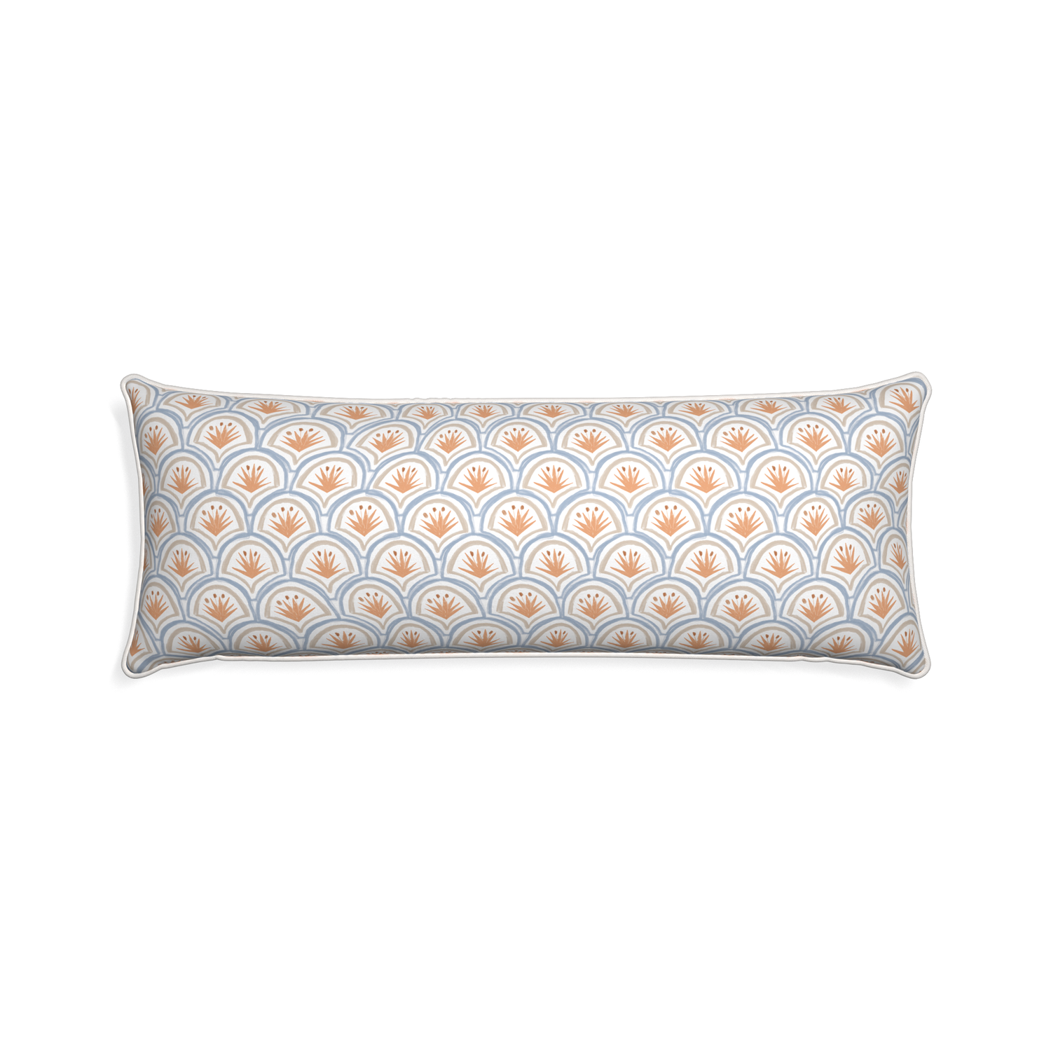 Xl-lumbar thatcher apricot custom pillow with snow piping on white background