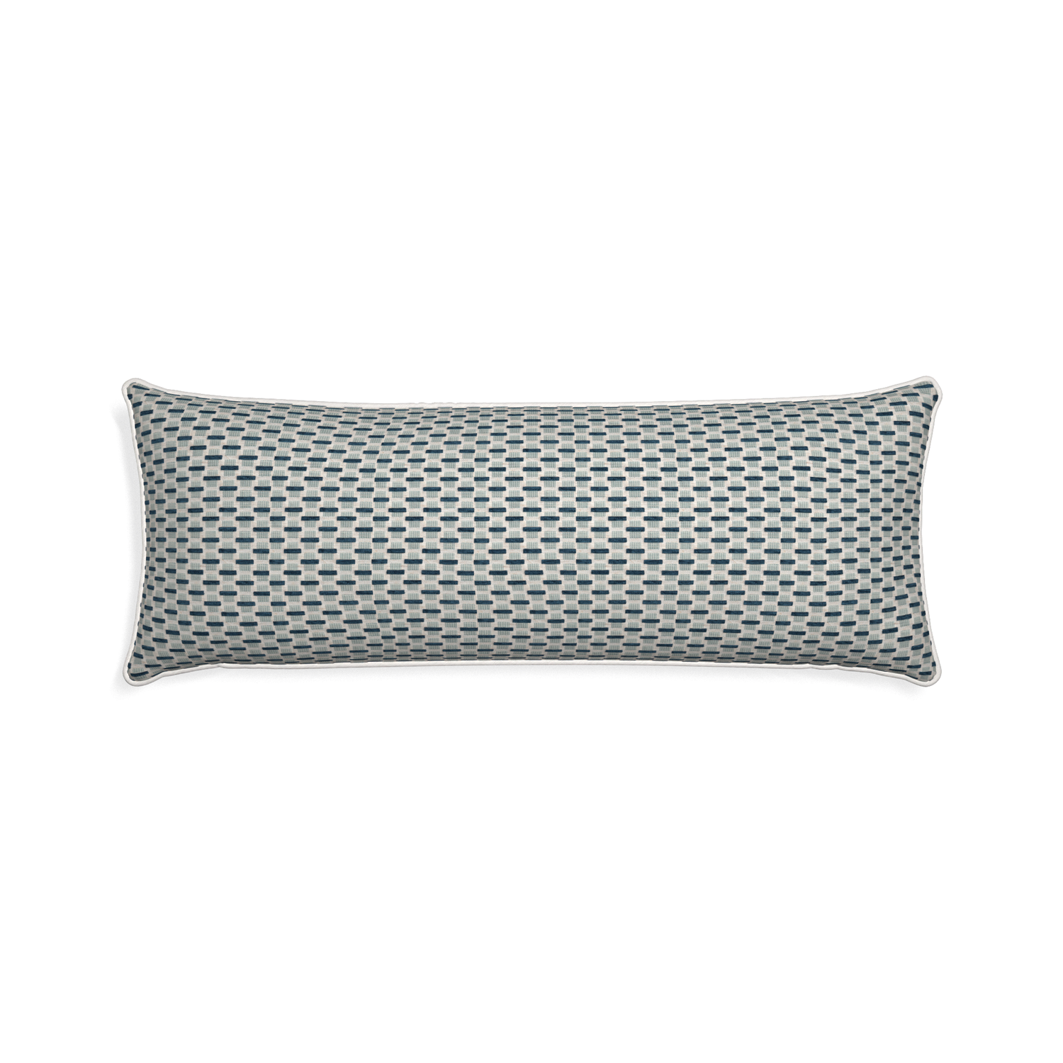 Xl-lumbar willow amalfi custom blue geometric chenillepillow with snow piping on white background