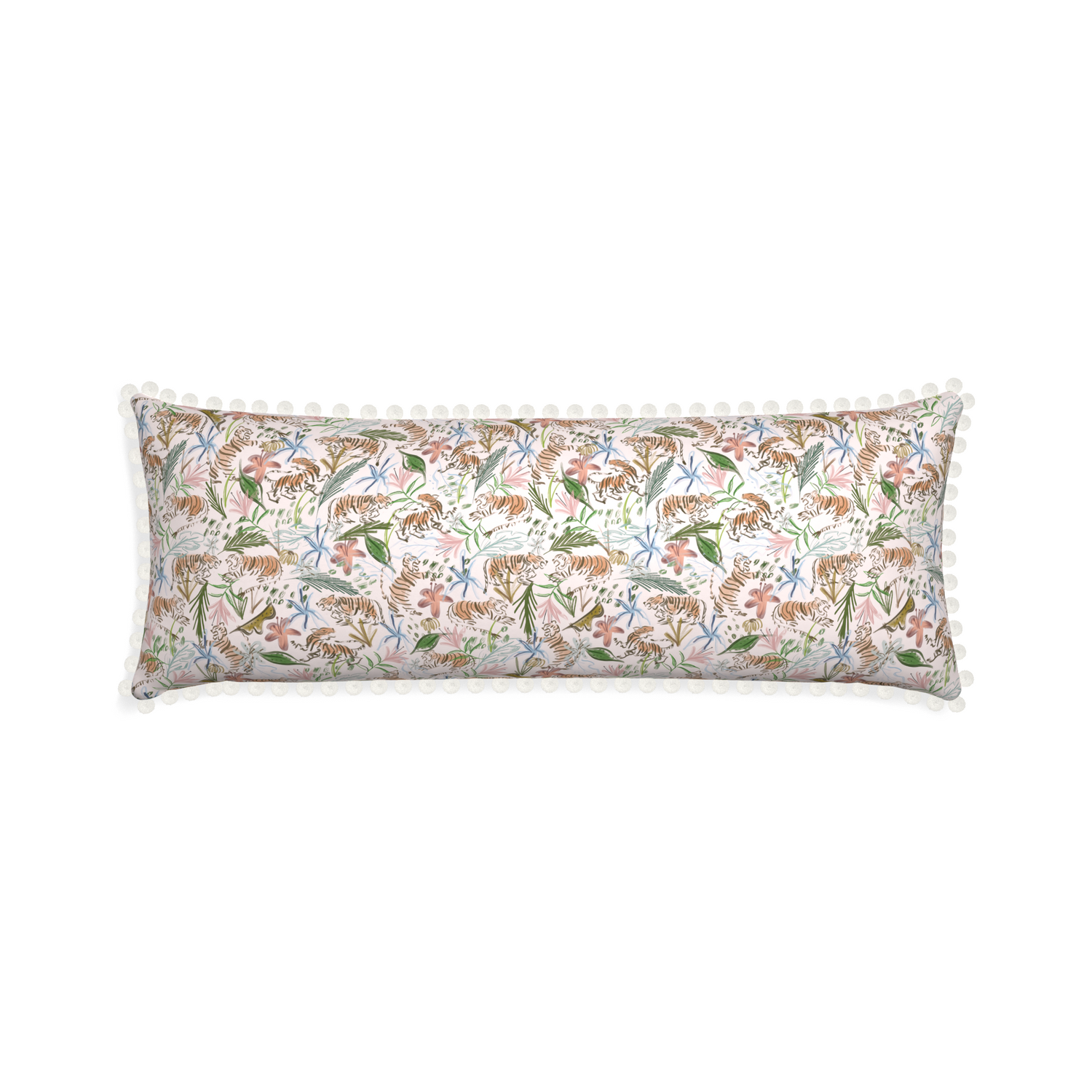 Xl-lumbar frida pink custom pink chinoiserie tigerpillow with snow pom pom on white background