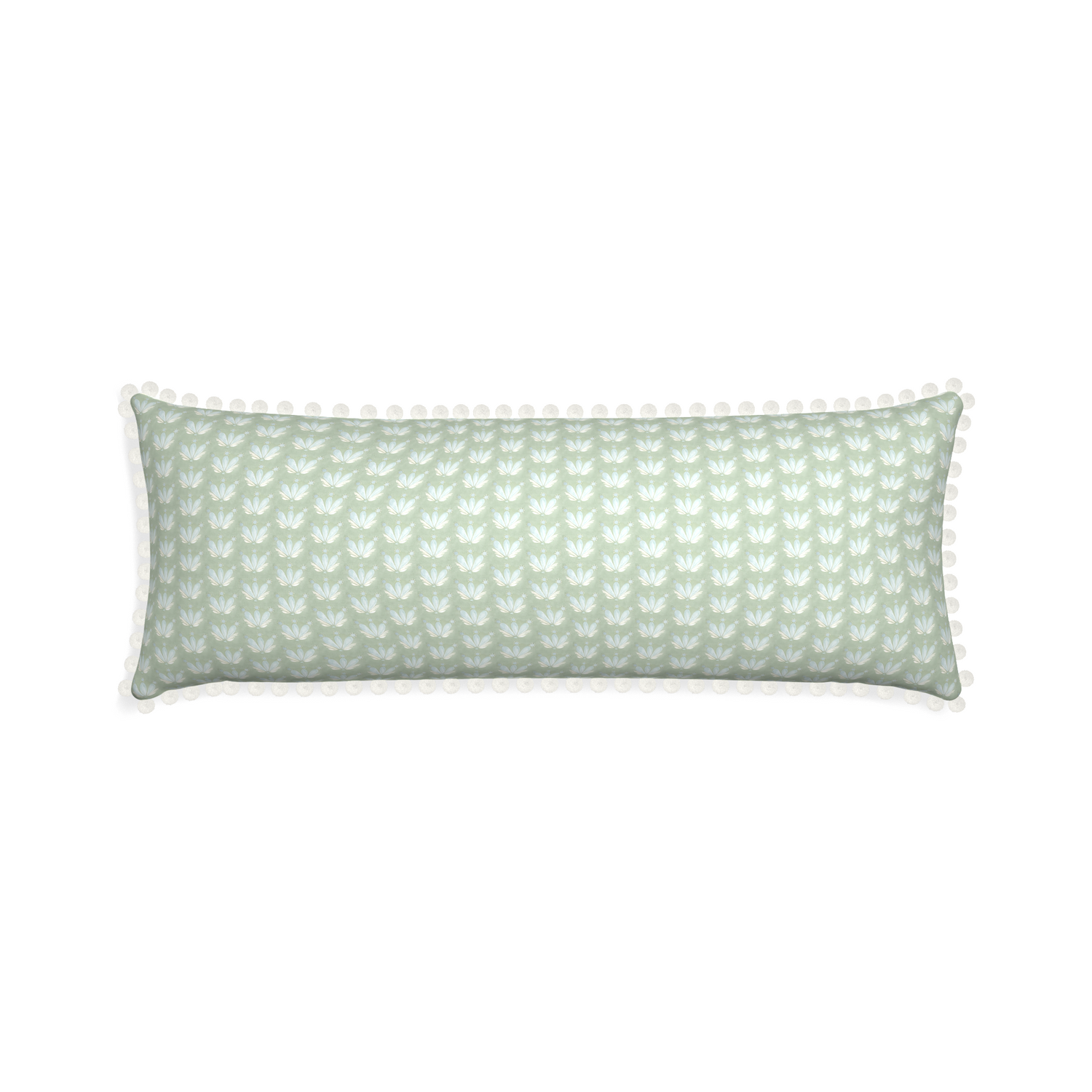 Xl-lumbar serena sea salt custom blue & green floral drop repeatpillow with snow pom pom on white background