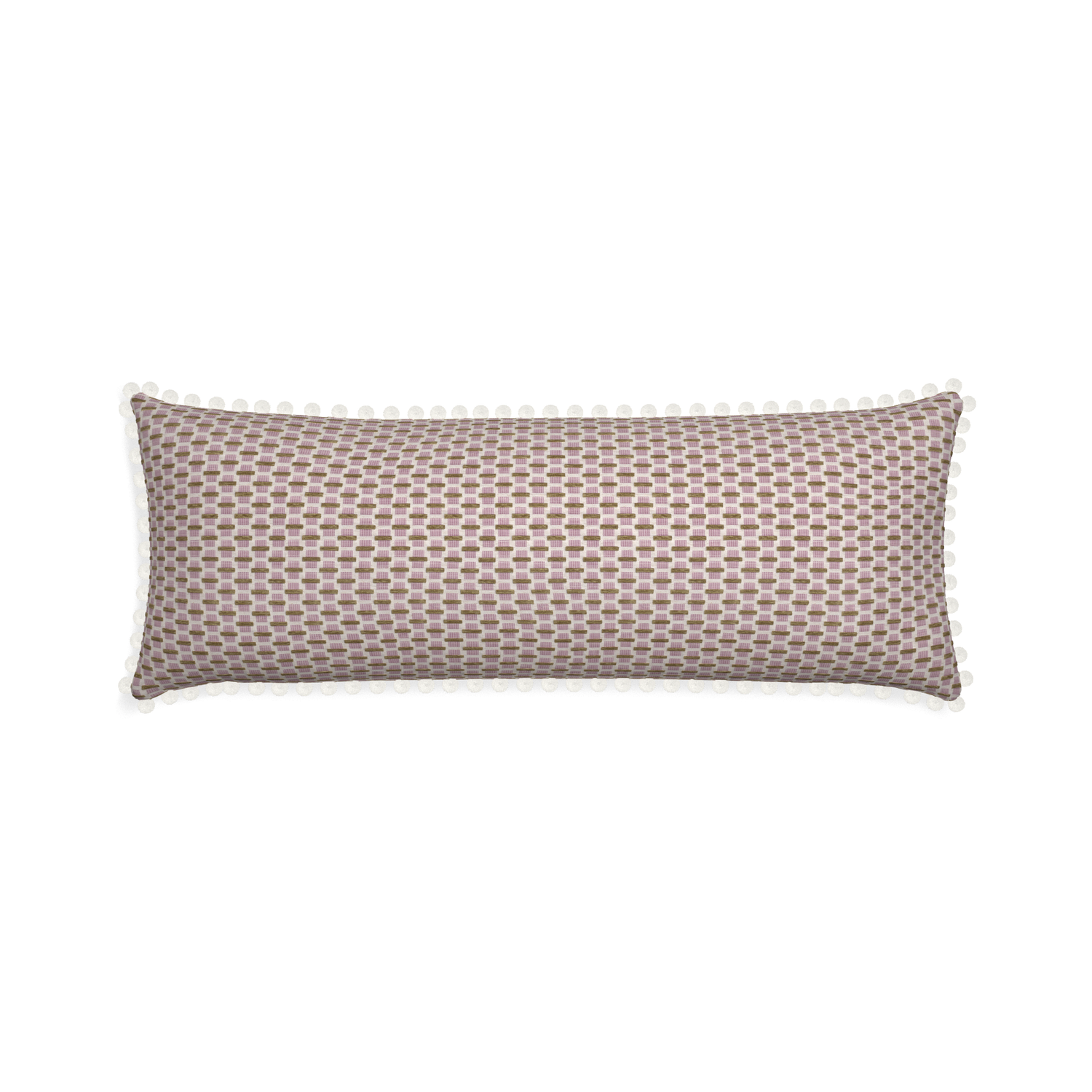 Xl-lumbar willow orchid custom pink geometric chenillepillow with snow pom pom on white background