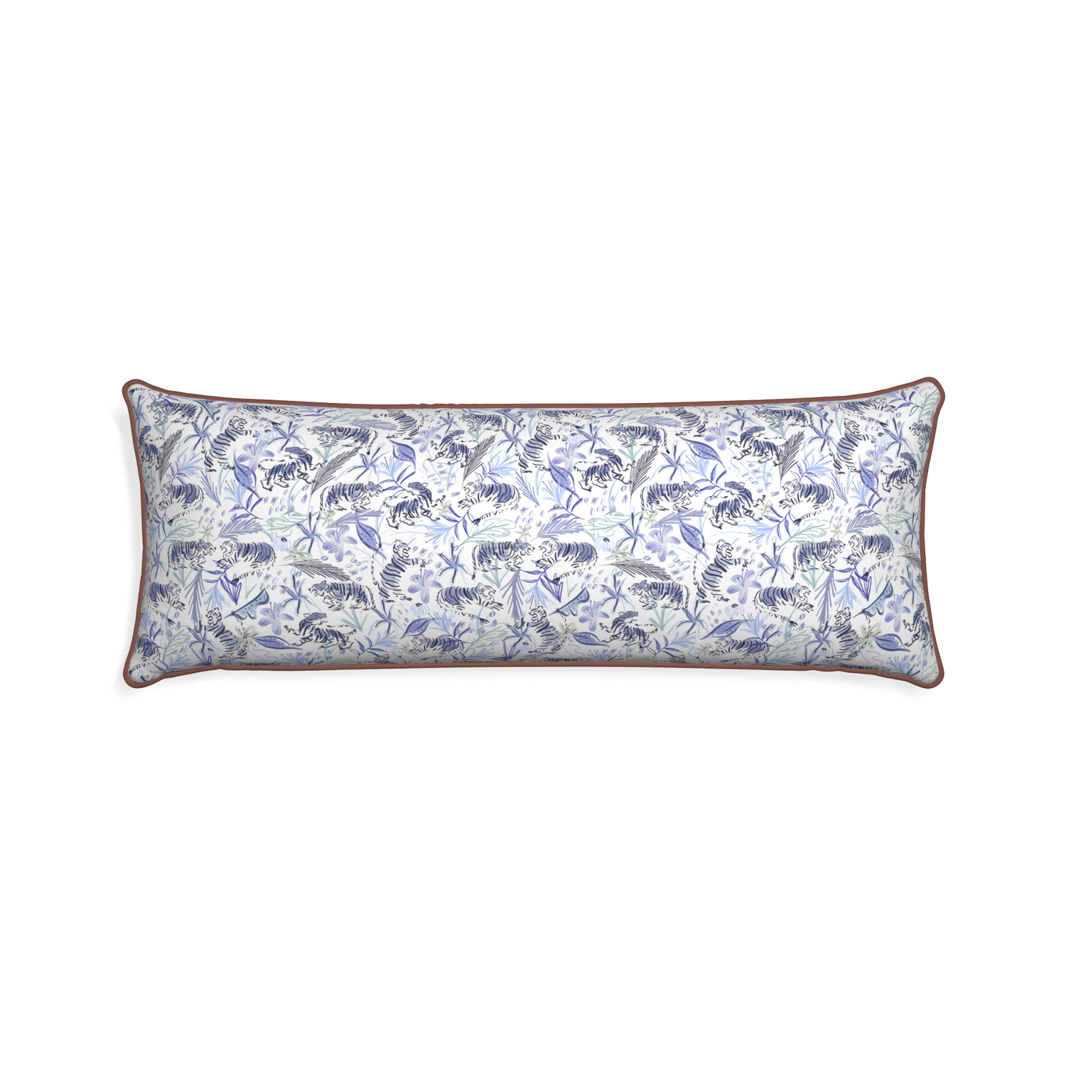 Xl-lumbar frida blue custom blue with intricate tiger designpillow with w piping on white background