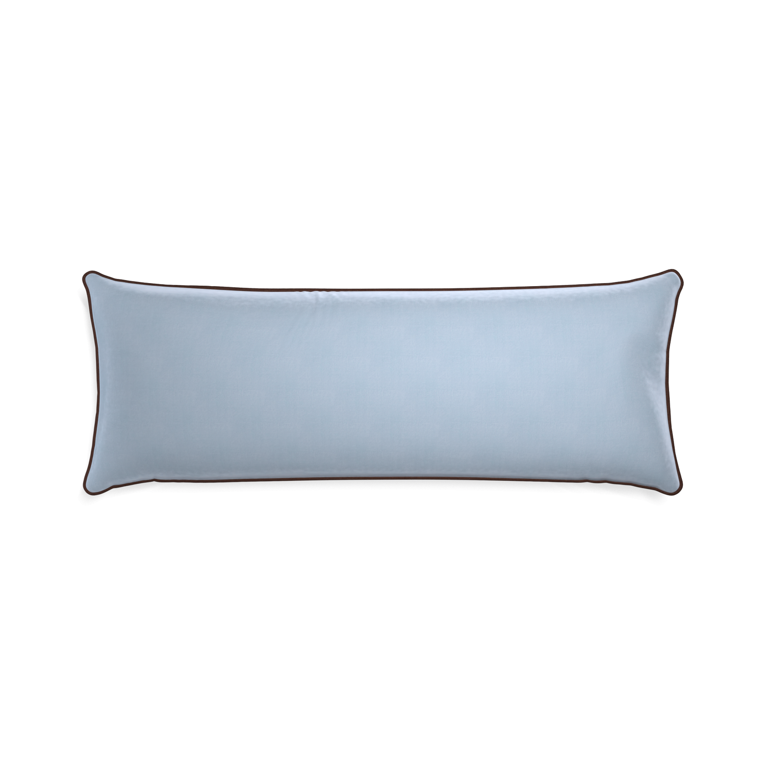 rectangle light blue velvet pillow with brown piping 