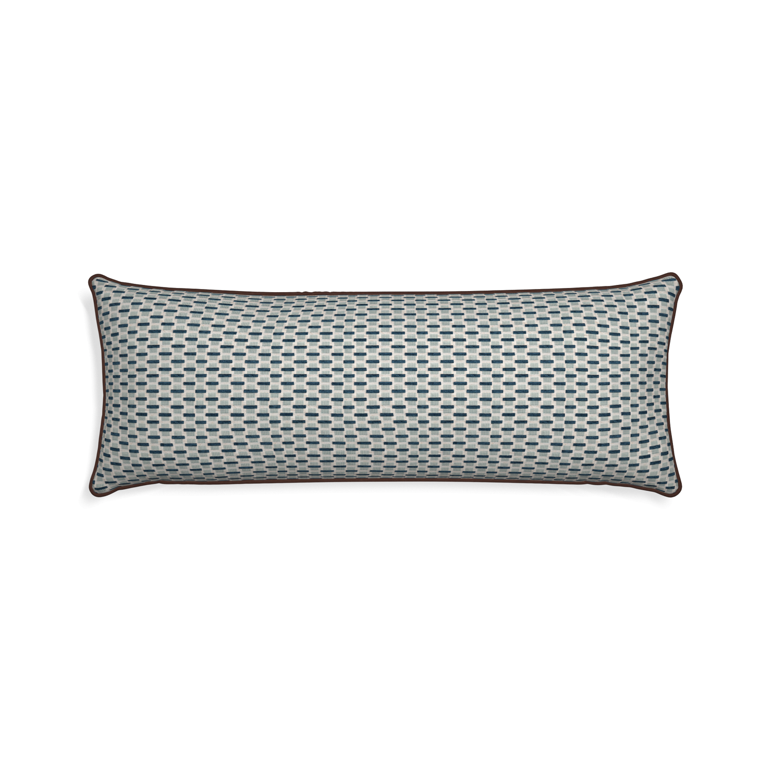 Xl-lumbar willow amalfi custom blue geometric chenillepillow with w piping on white background
