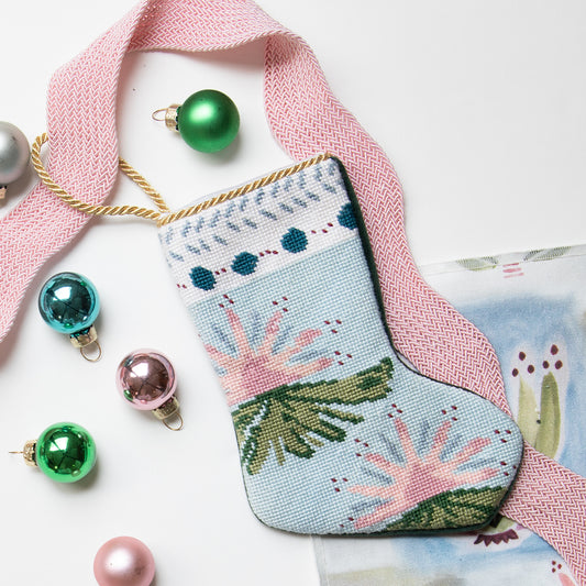 Hand-painted Floral Printed Bauble Stocking Close-Up with Christmas Decorations and Pink Band