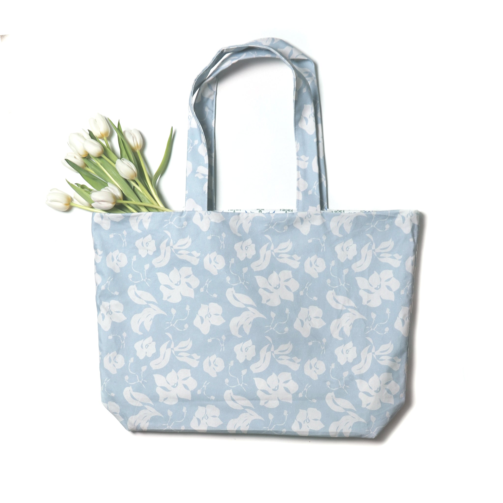 Cornflower Blue Floral Printed Bag with White Tulips inside