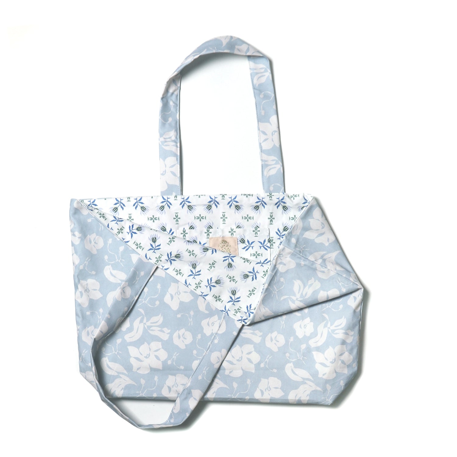 Opened Cornflower Blue Floral Printed Bag with Blue & Green Floral Printed Inside