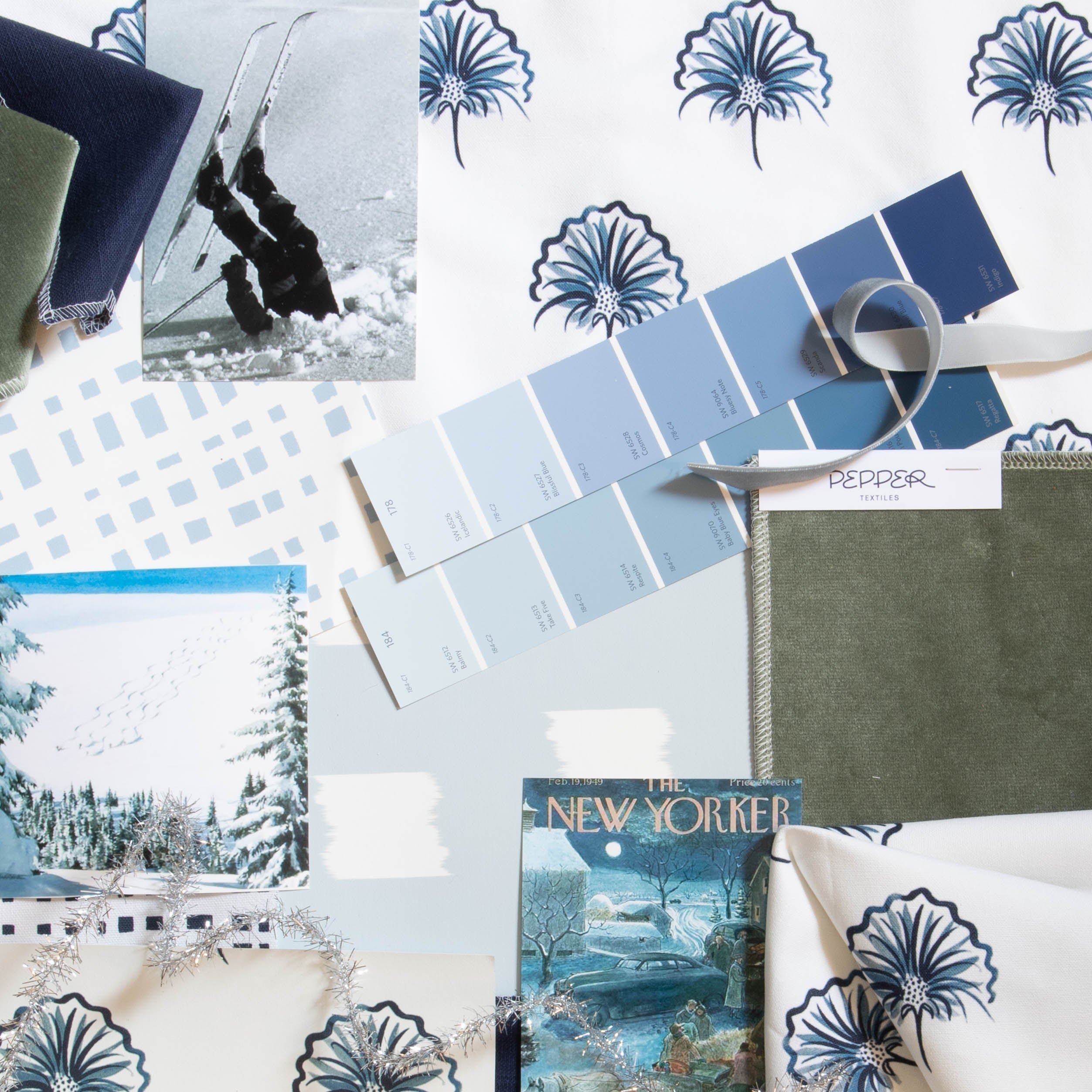 Interior design moodboard and fabric inspirations with Sky Blue Gingham Printed Swatch, Floral Navy Printed Swatch, and Fern Velvet Swatch