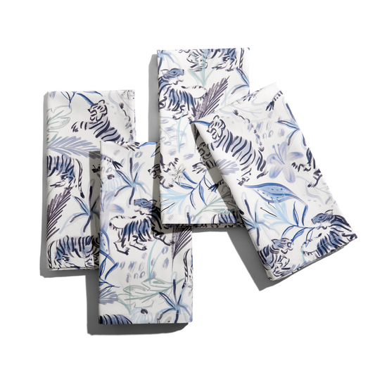Four Blue With Intricate Tiger Design Printed Napkins