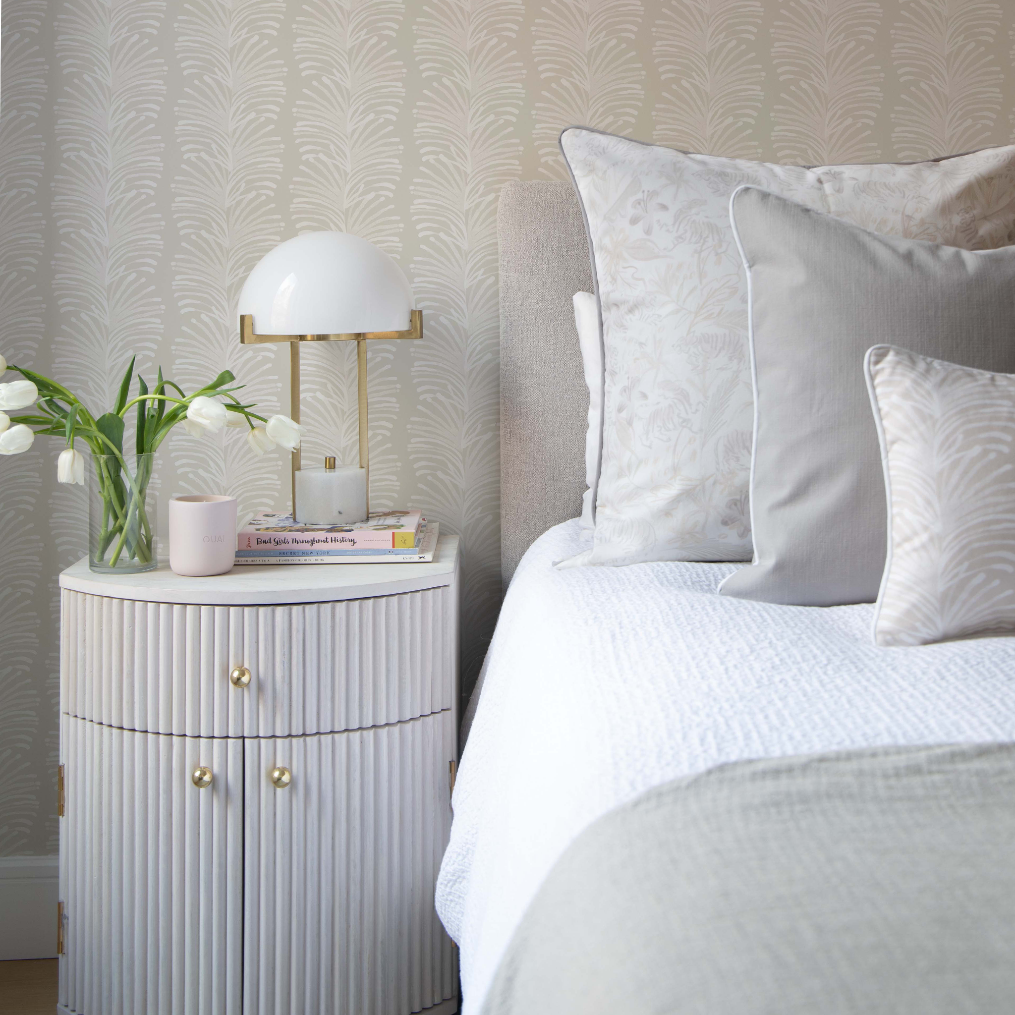 Green and Pink Flamingos Wallpaper with Hanging Bedside Table - Transitional