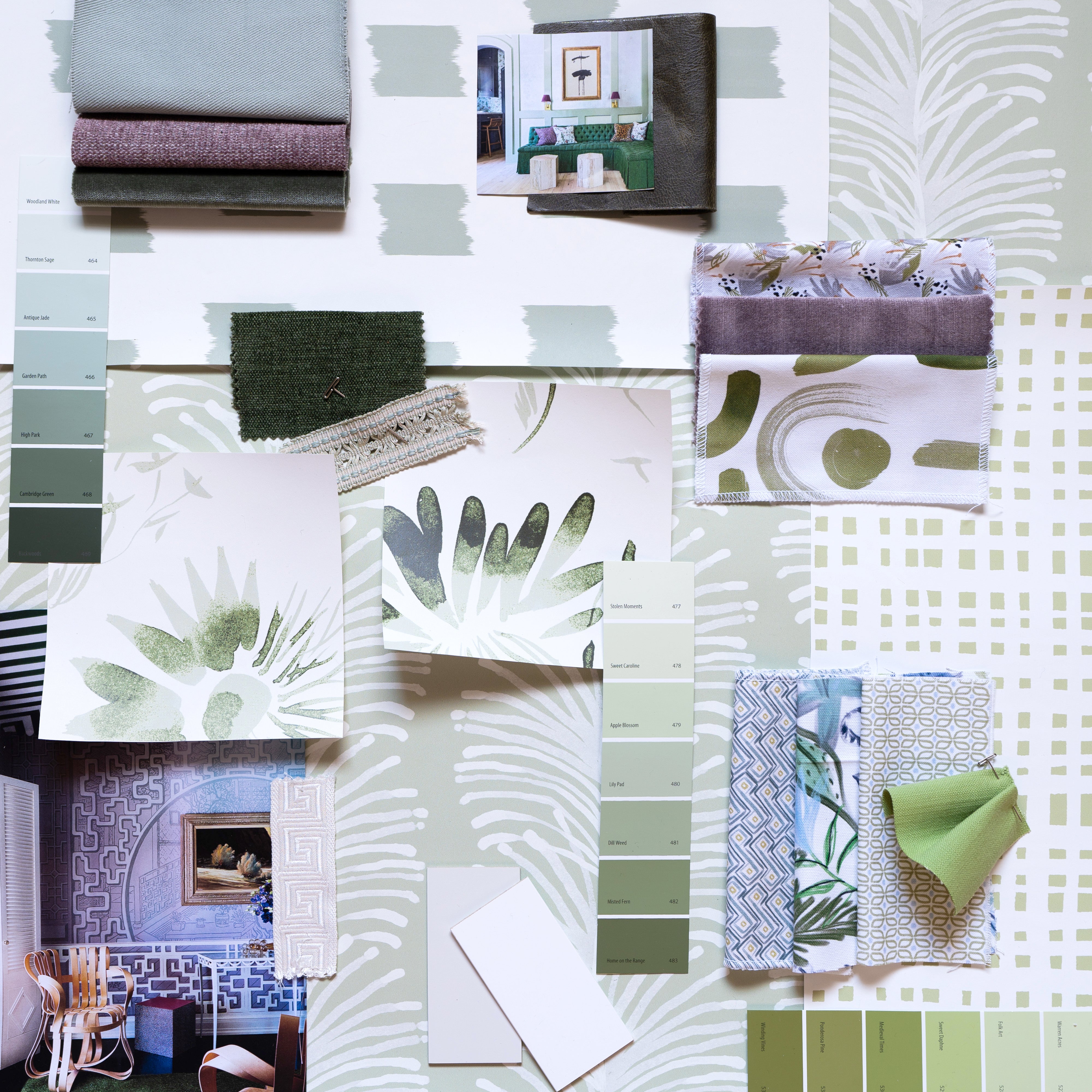 Interior Design Moodboard and Fabric Inspirations with Green Gingham Printed Swatch, Sage Green Swatch, and Sage Green Printed Swatch