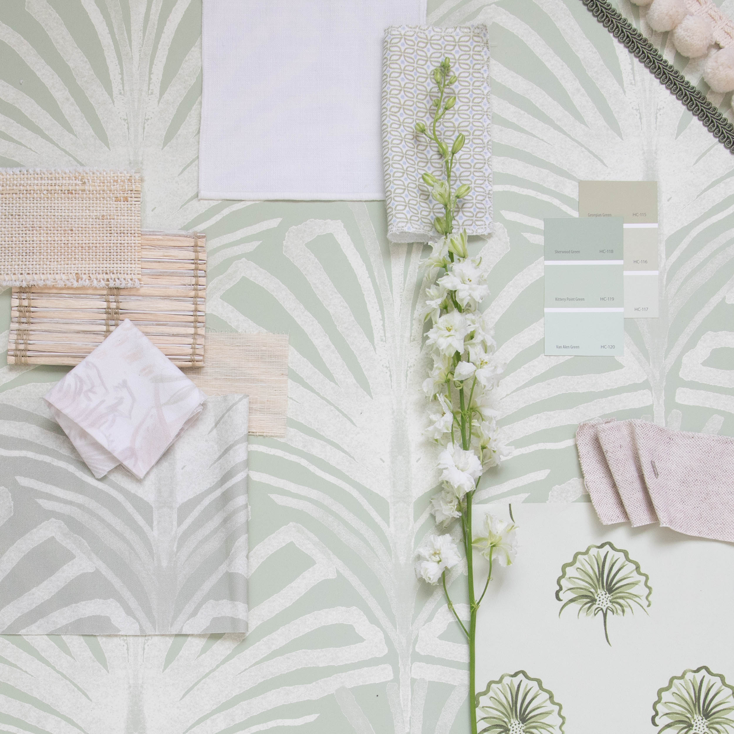 Interior design moodboard and fabric inspirations with Sage Green Palm Printed Swatch, Green Floral Printed Swatch, and Light Brown Swatch
