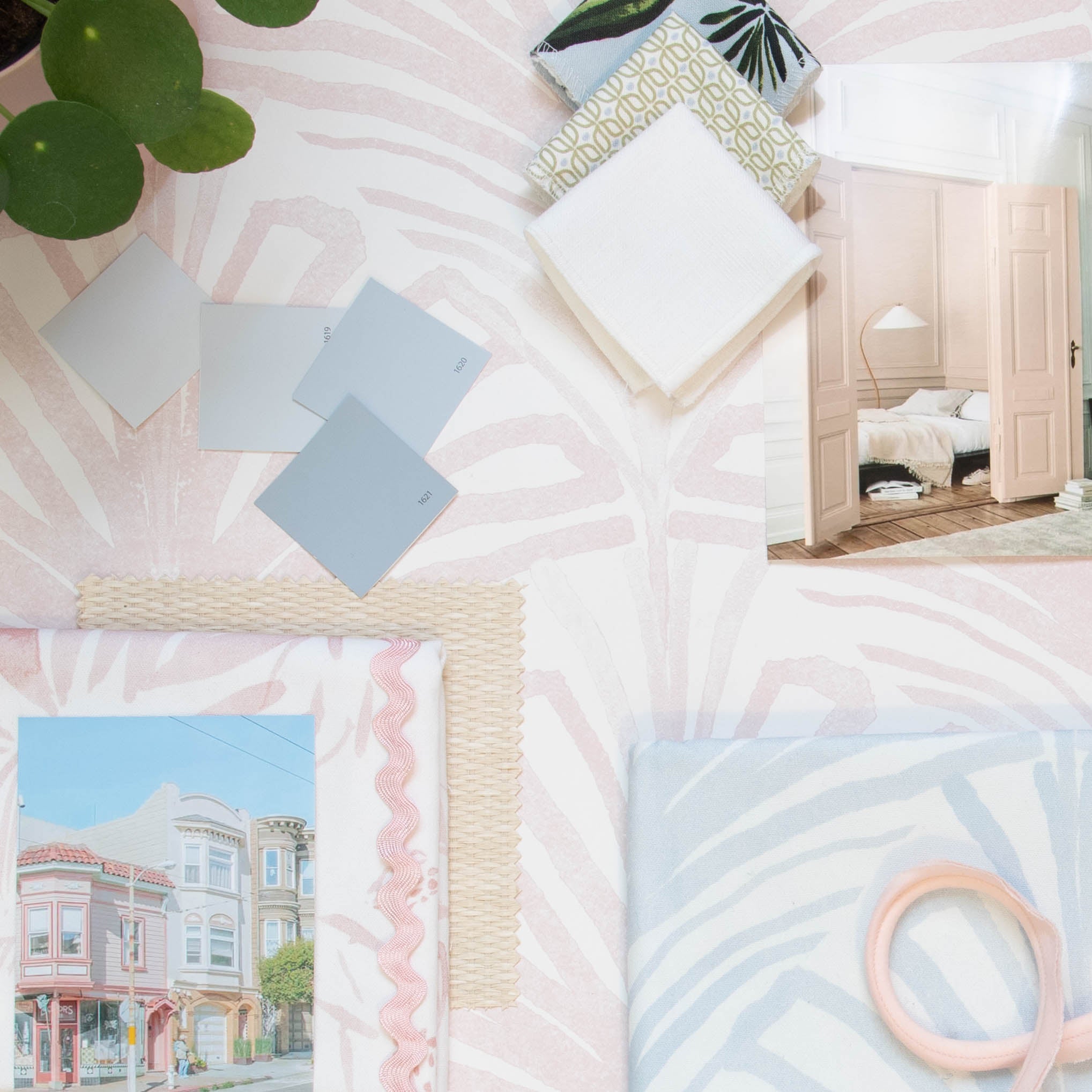 Interior design moodboard and fabric inspirations with Rose Pink Palm Printed Swatch, Sky Blue Palm Printed Swatch, and Cream Chinoiserie Printed Swatch