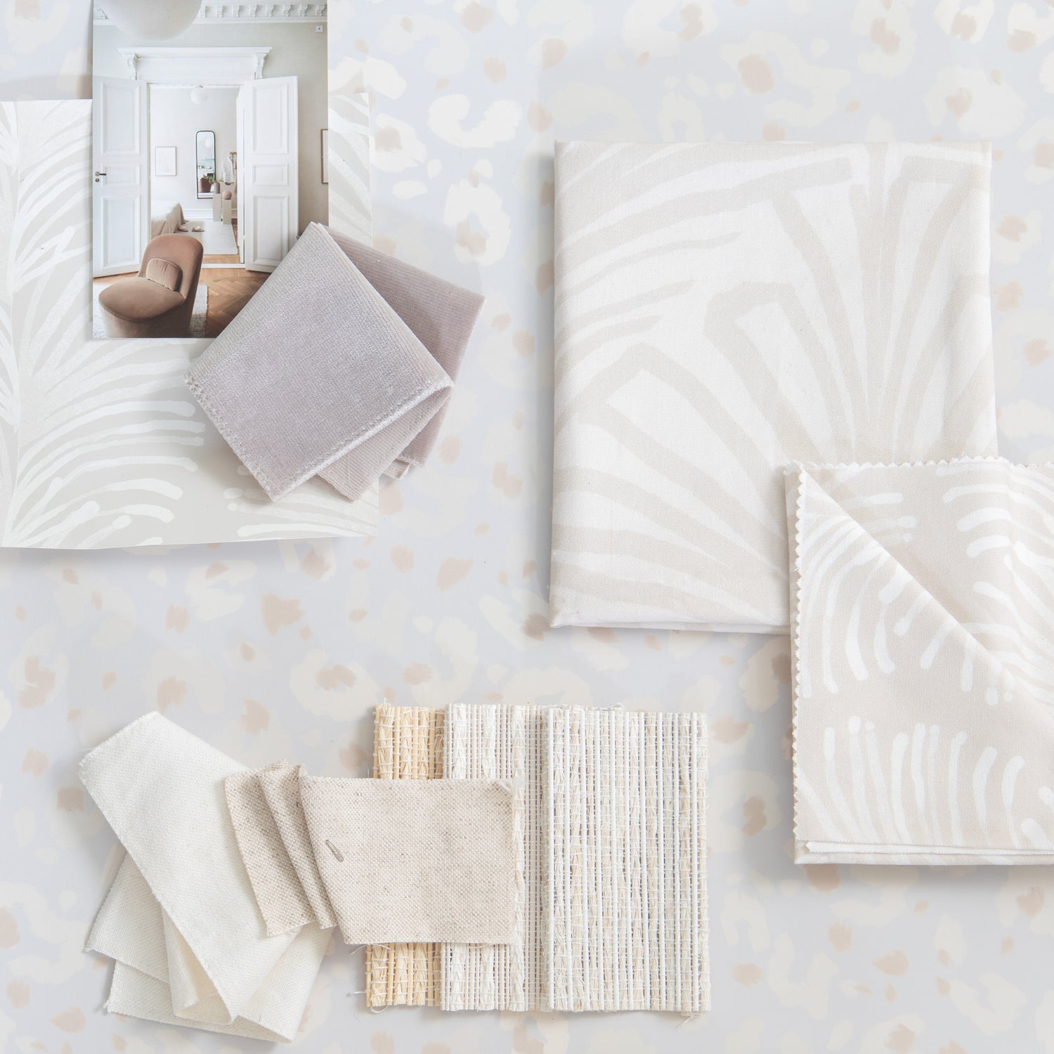 Interior design moodboard and fabric inspirations with Beige Botanical Stripe Printed Swatch, Grey Velvet Swatch and beige palm printed swatch